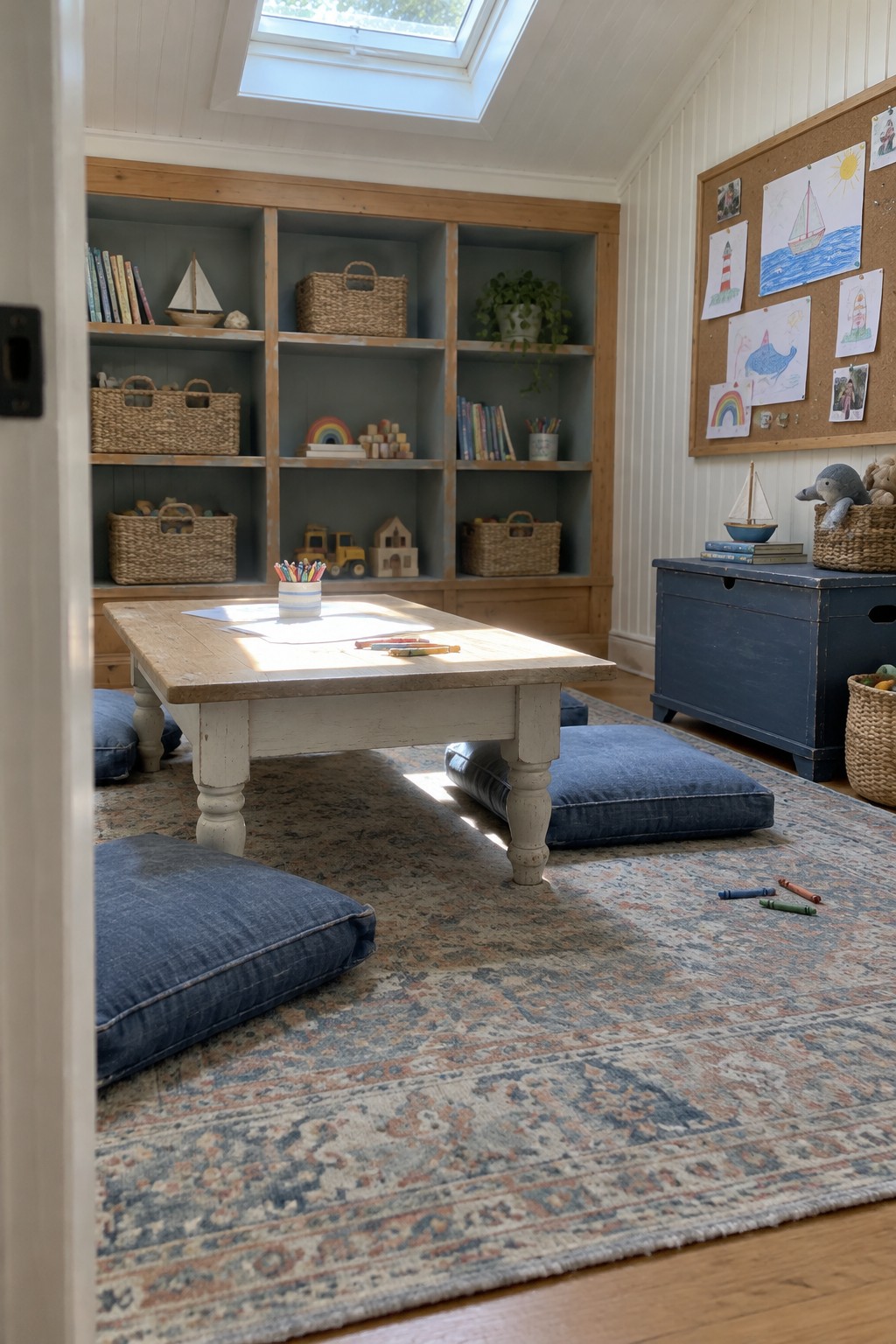 A playroom with wood-framed built-in shelves, woven baskets, a low table, floor cushions, and children’s drawings on a corkboard.