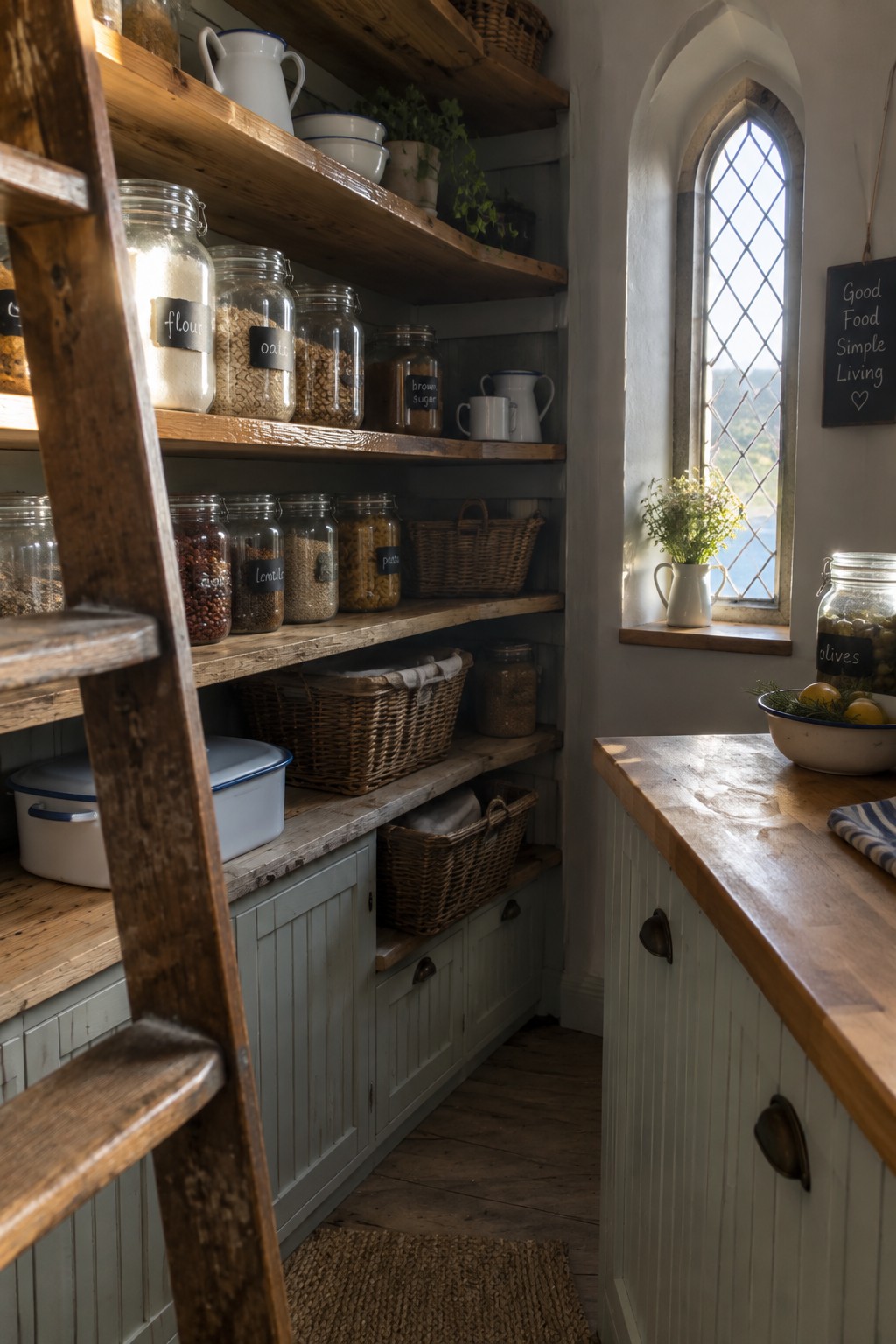 Wooden pantry shelves hold labeled glass jars, baskets, and enamelware beside a narrow leaded-glass window.