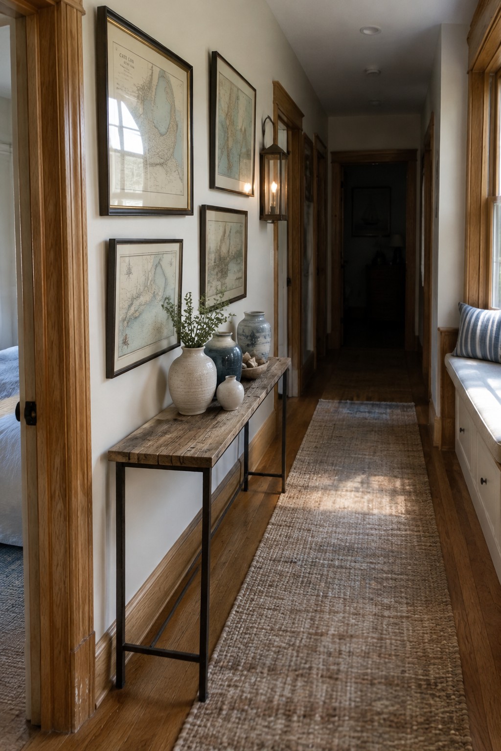 A narrow hallway with natural wood door trim, framed maps, a console table, and a woven runner.