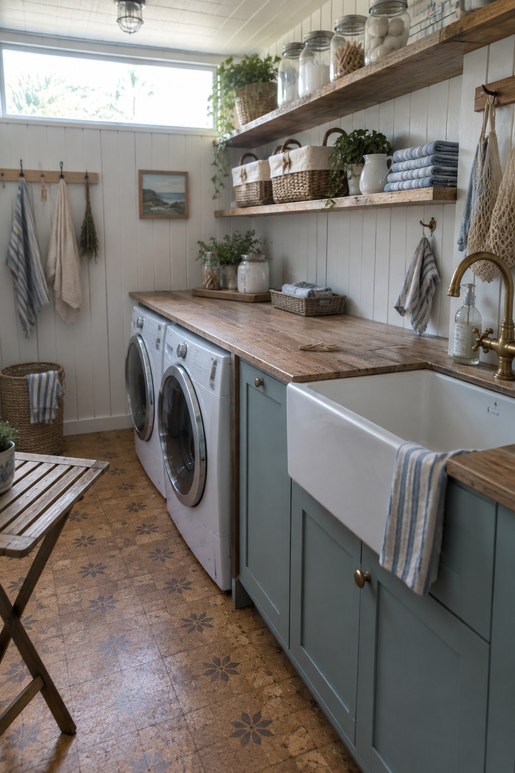A laundry room with a long wood countertop over two front-loading machines, blue-green cabinets, and a white farmhouse sink.