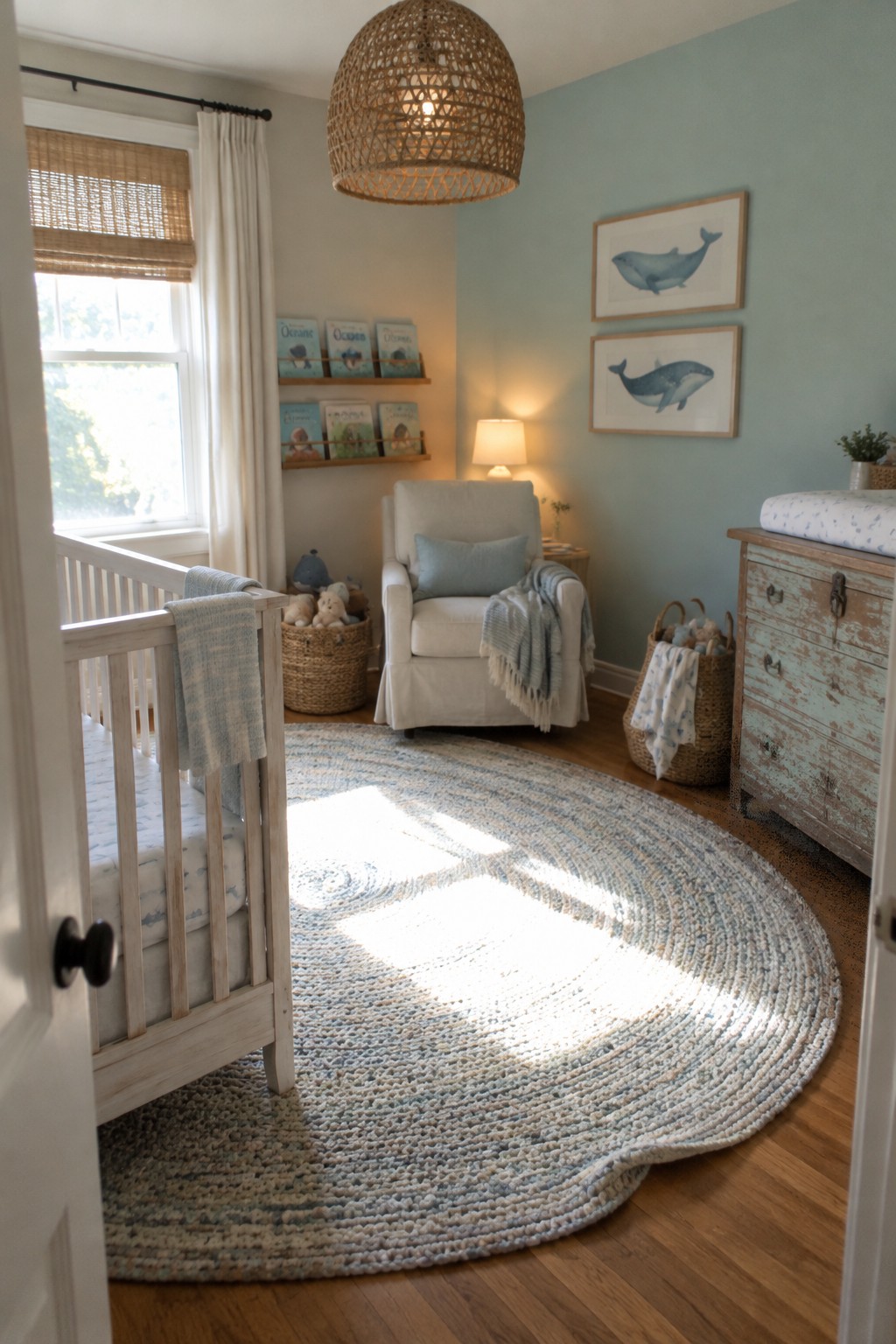 A nursery with a woven pendant light, a white crib, a cream armchair, and framed whale prints on a pale blue wall.