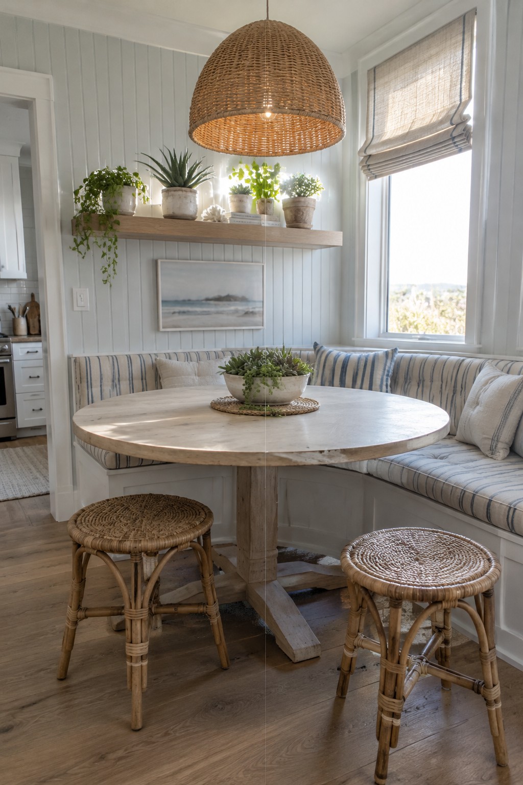 A woven pendant hangs above a round table in a coastal breakfast nook with built-in striped seating and rattan stools.