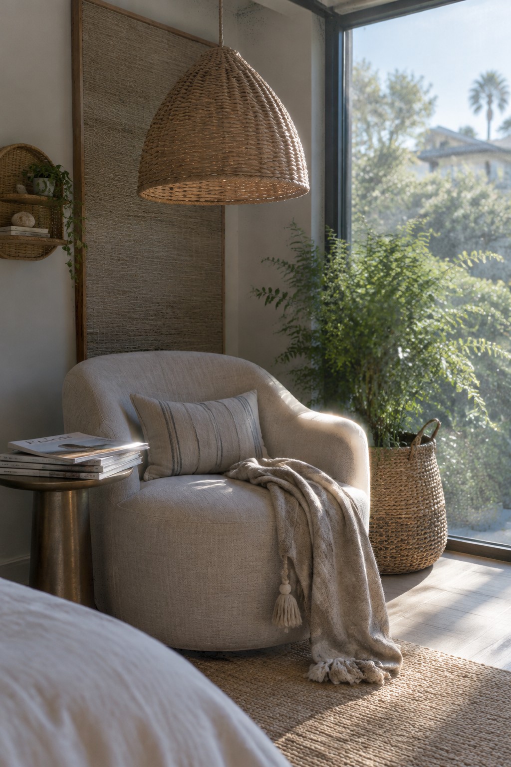 A woven pendant hangs above a cream armchair with a striped cushion and throw beside a large window.