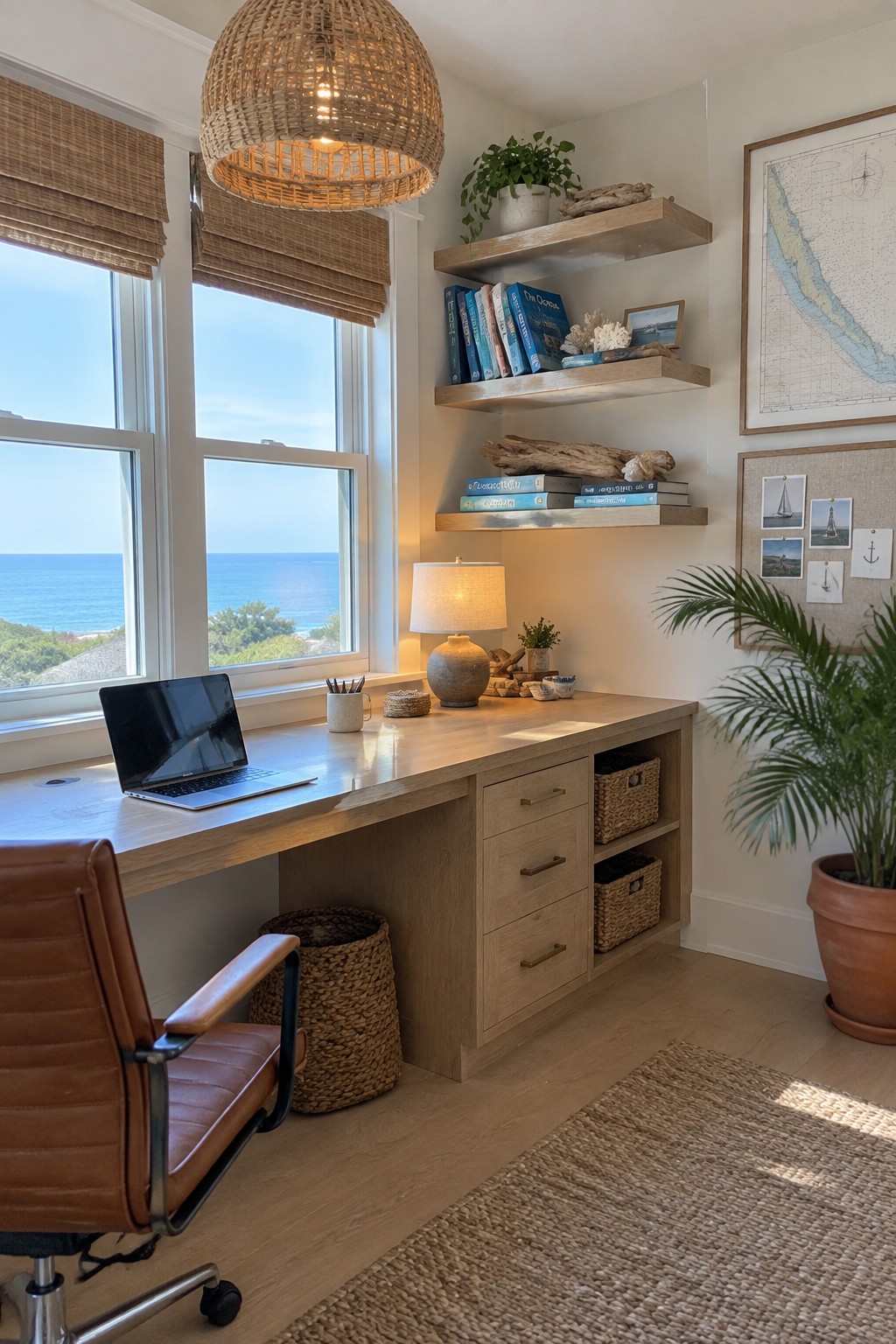 A home office with a woven pendant light, a wooden desk, floating shelves, and a laptop beside windows overlooking the ocean.