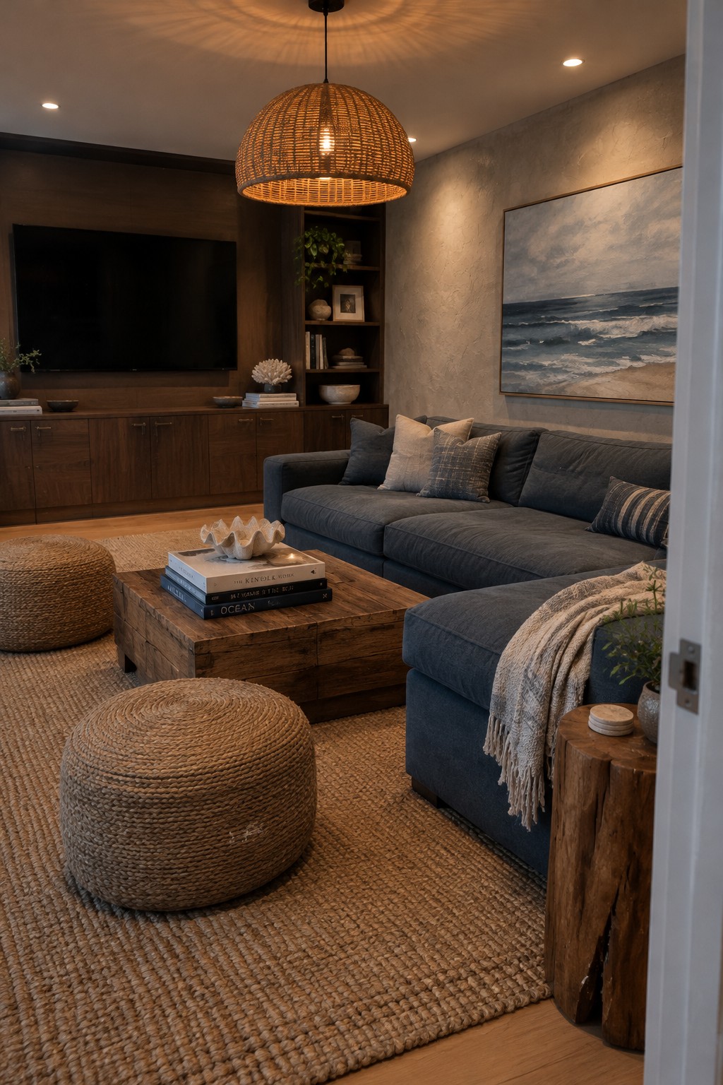 A living room with a large woven pendant, a dark blue sectional, a wood coffee table, and a coastal painting.