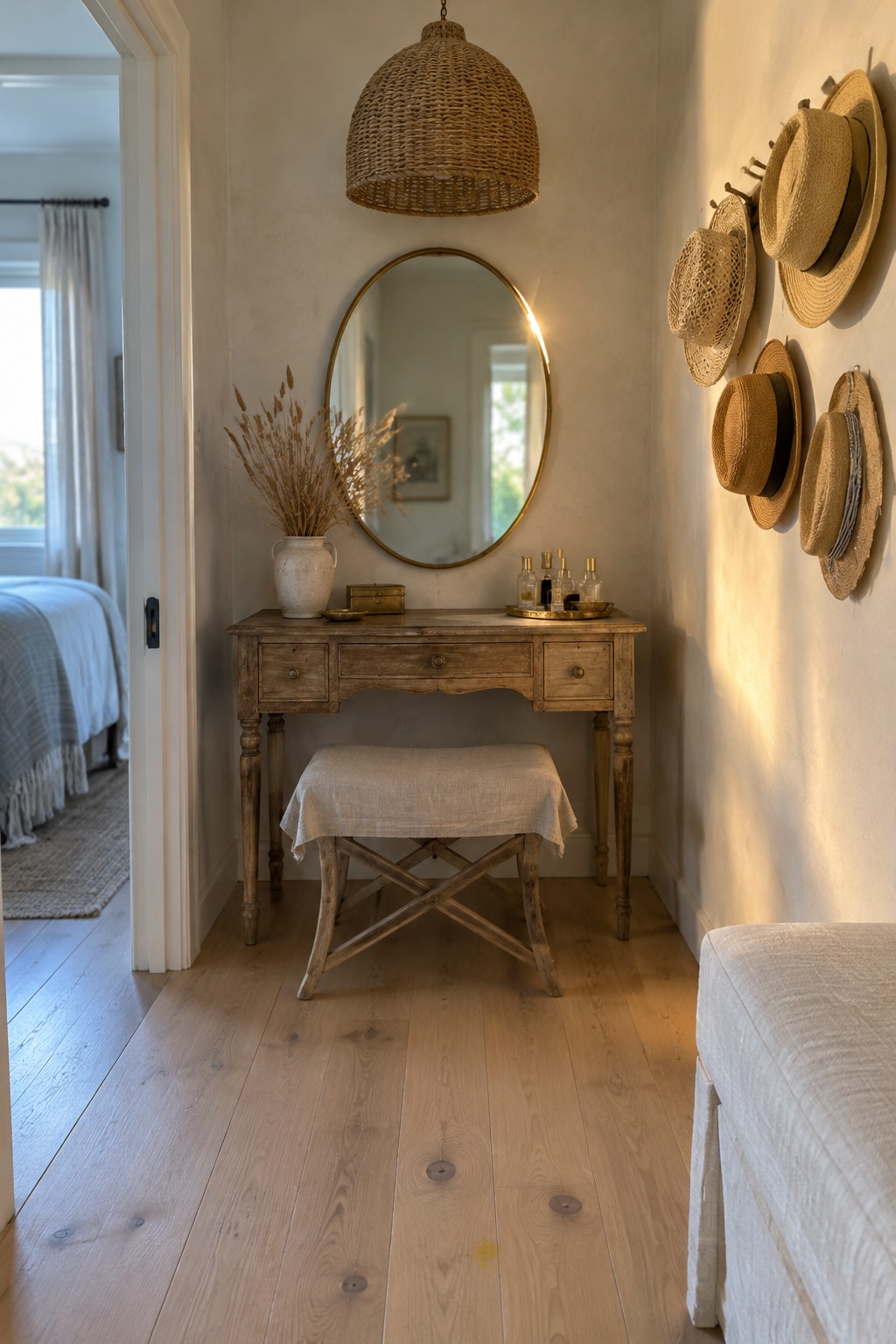 A woven pendant hangs above a wooden vanity with an oval mirror, a fabric-covered stool, and straw hats on the wall.