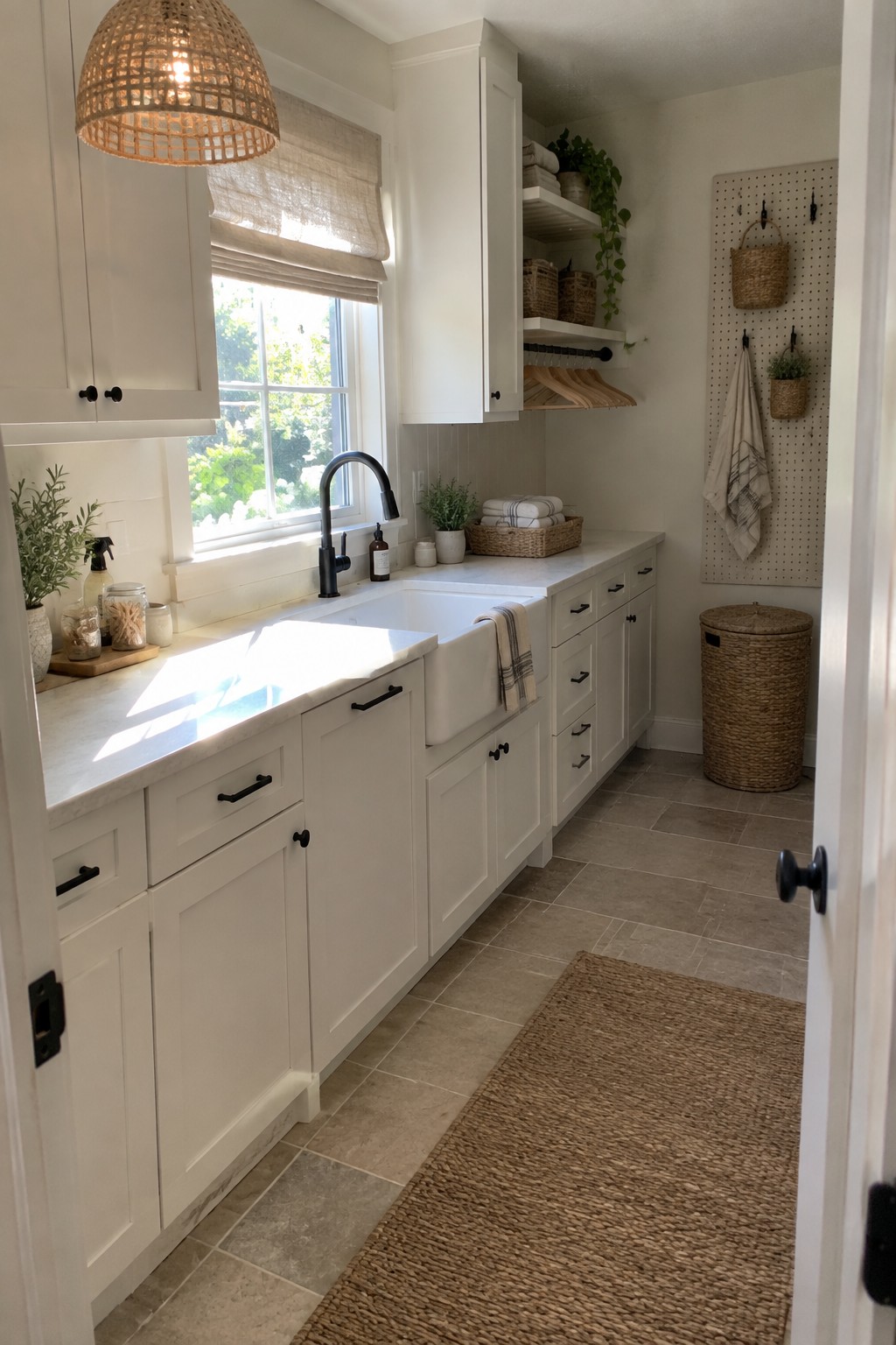 A narrow laundry room with white cabinets, a farmhouse sink, and a woven pendant light.