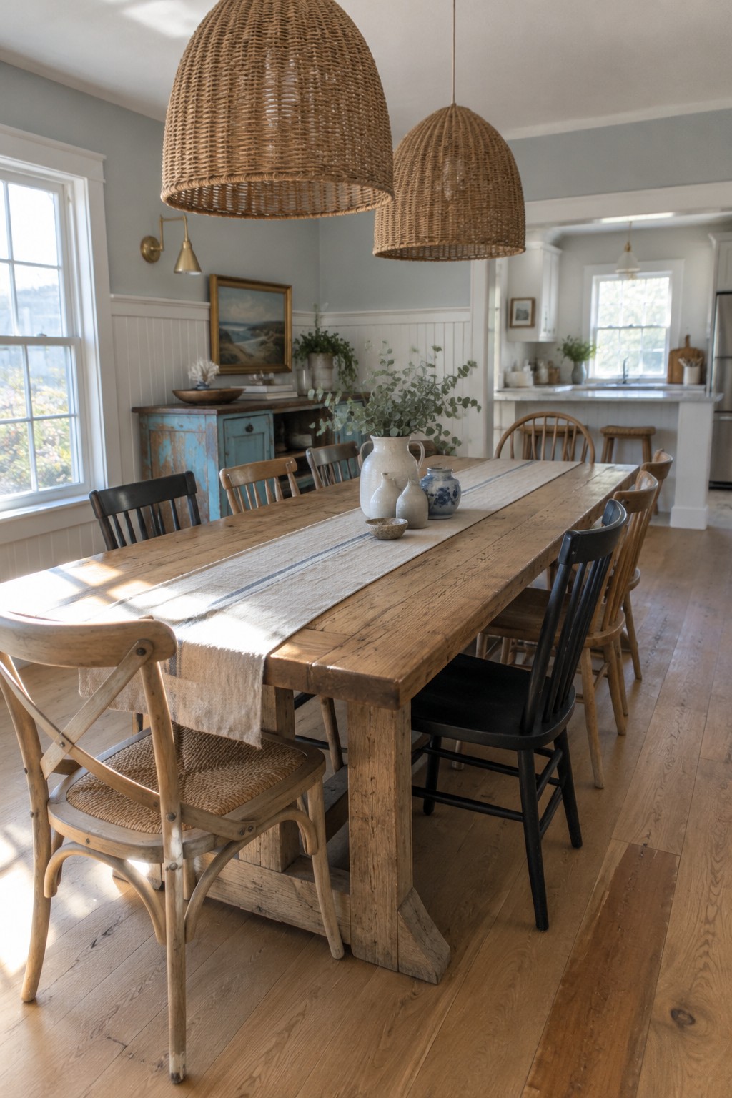Two woven pendant lights hang above a long wooden dining table surrounded by mixed chairs.