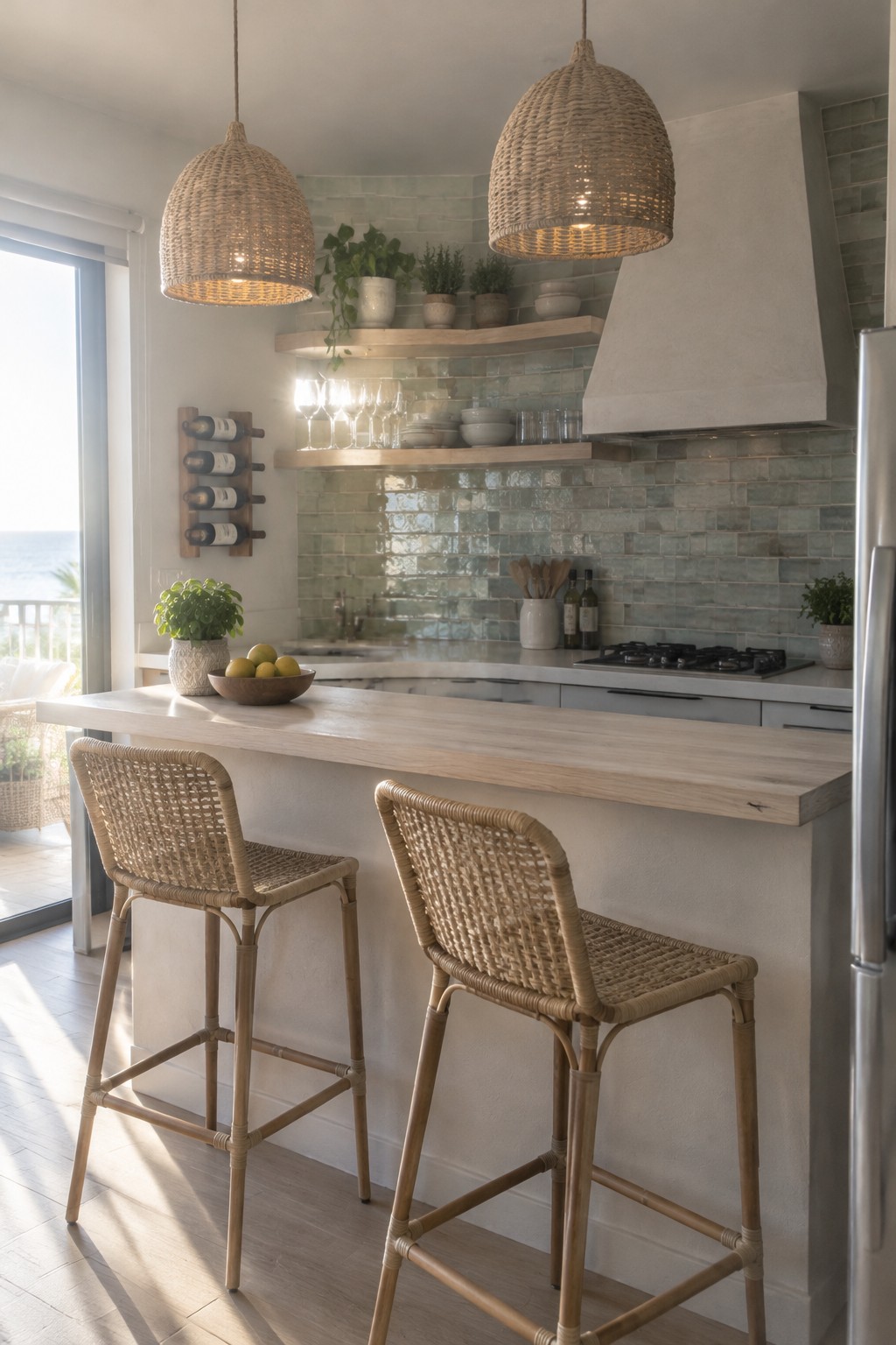 Two woven pendant lights hang above a pale kitchen island with wicker bar stools and green tile backsplash.