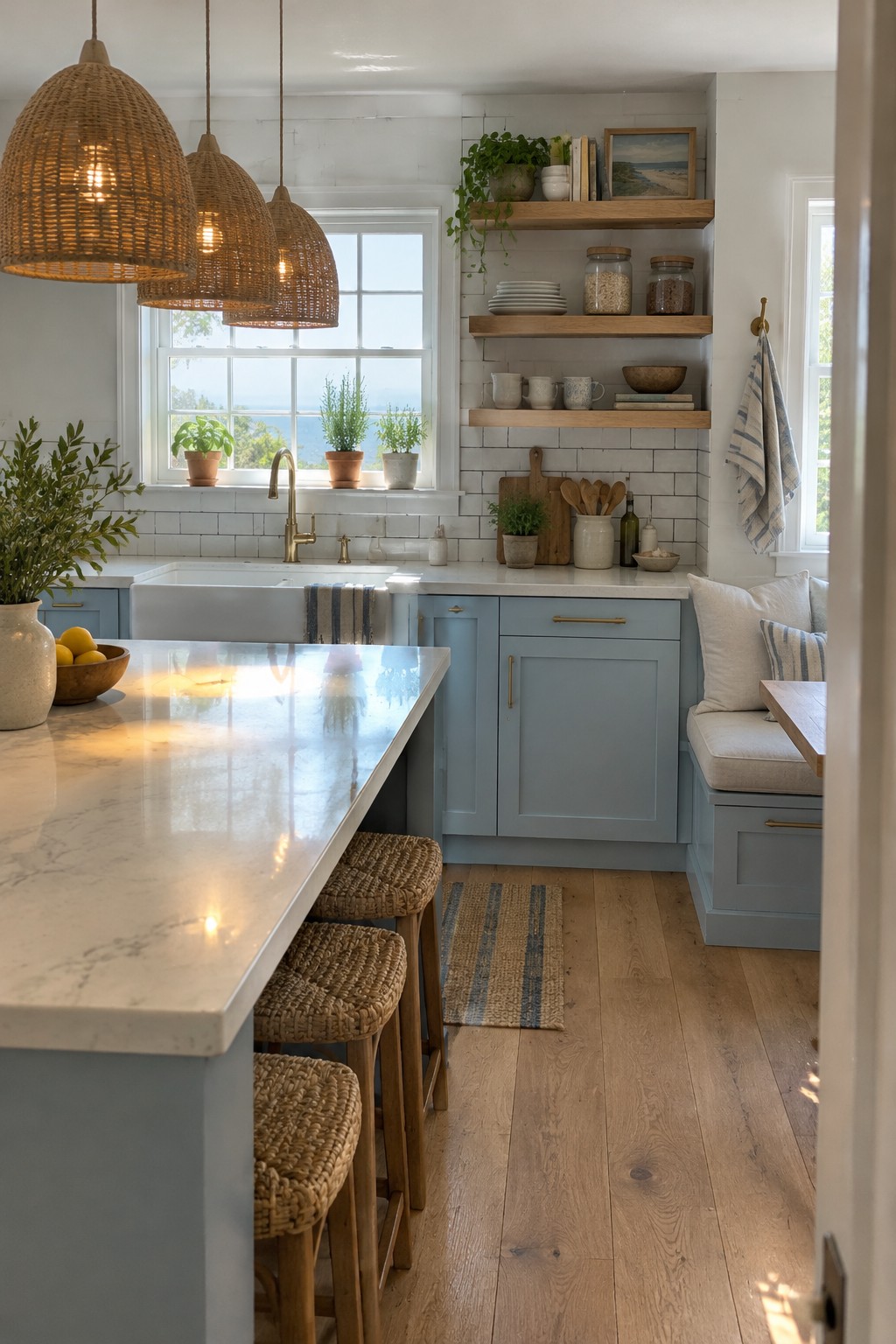 Three woven pendant lights hang above a kitchen island with a white countertop and woven stools.