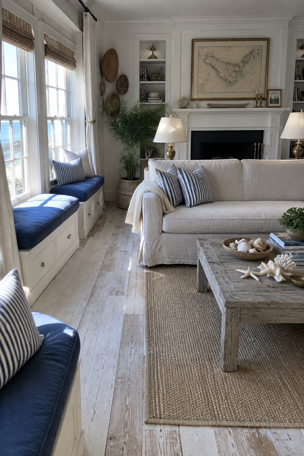 A white living room with deep blue cushions on built-in window seats beside tall windows and a cream sofa.