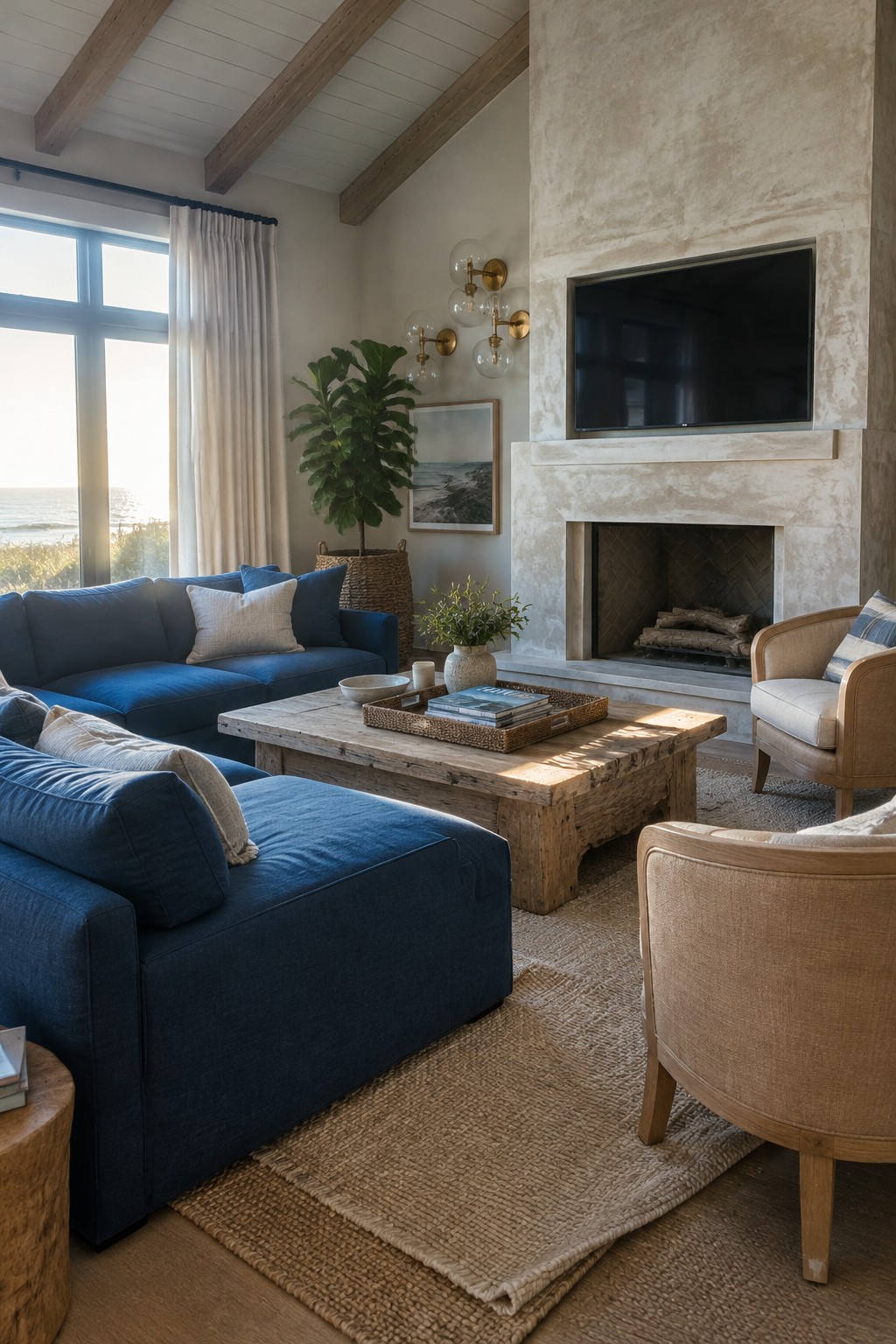 Two blue sofas face each other across a rustic wood coffee table in a living room with a fireplace and ocean-view windows.