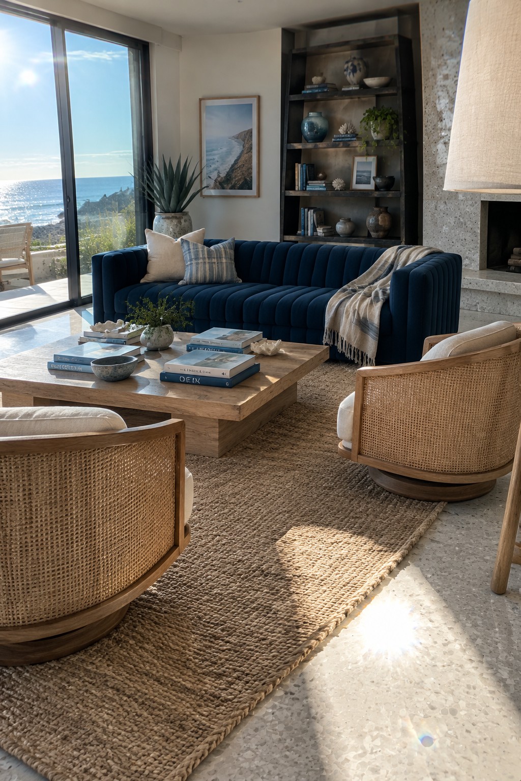 A deep blue tufted sofa sits between two woven chairs in a coastal living room with a wood coffee table.
