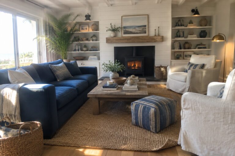 A coastal living room with a deep blue sofa, white armchairs, a wood coffee table, and a fireplace.