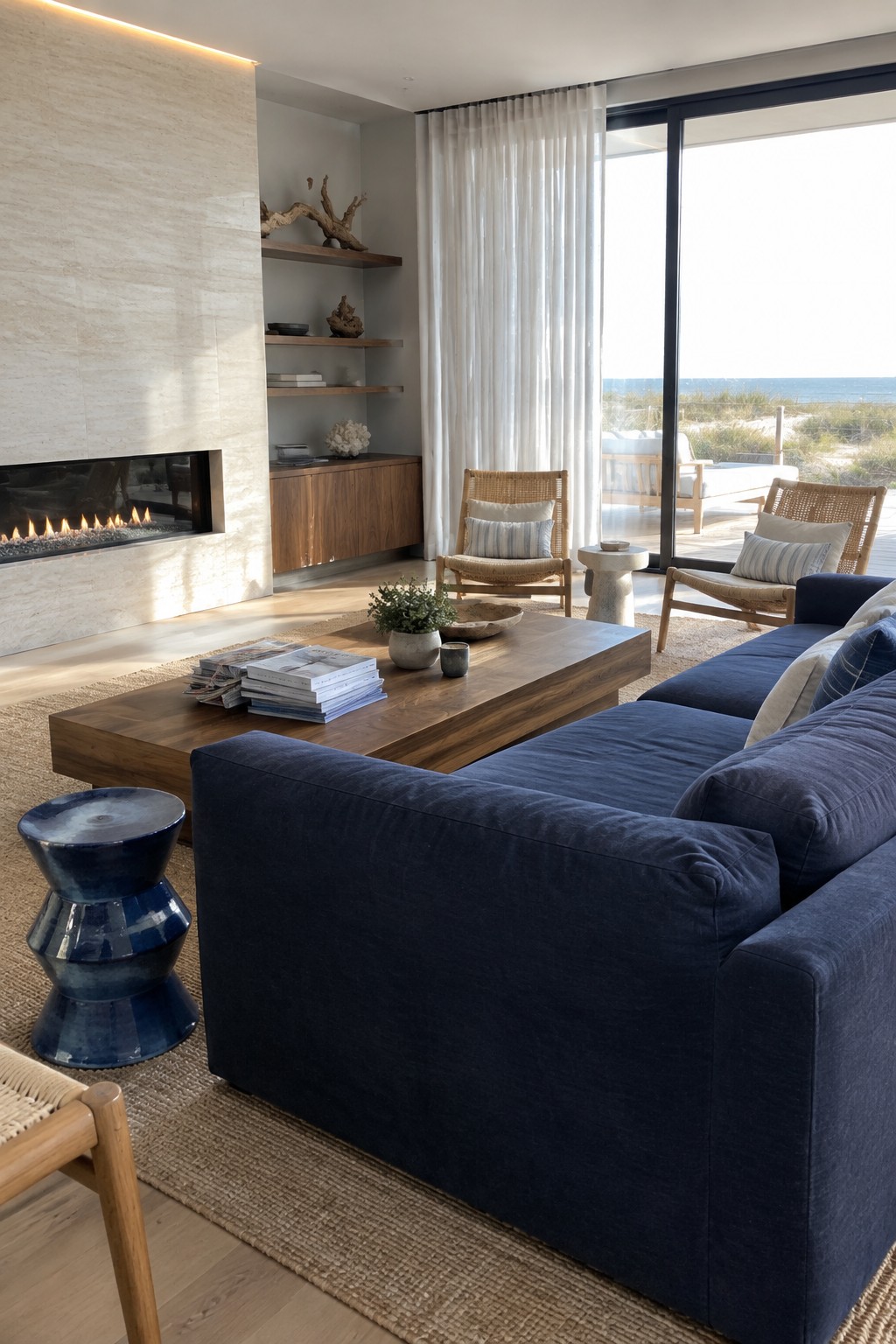 A deep blue sectional sofa sits beside a wooden coffee table in a living room with a stone fireplace and two woven chairs.