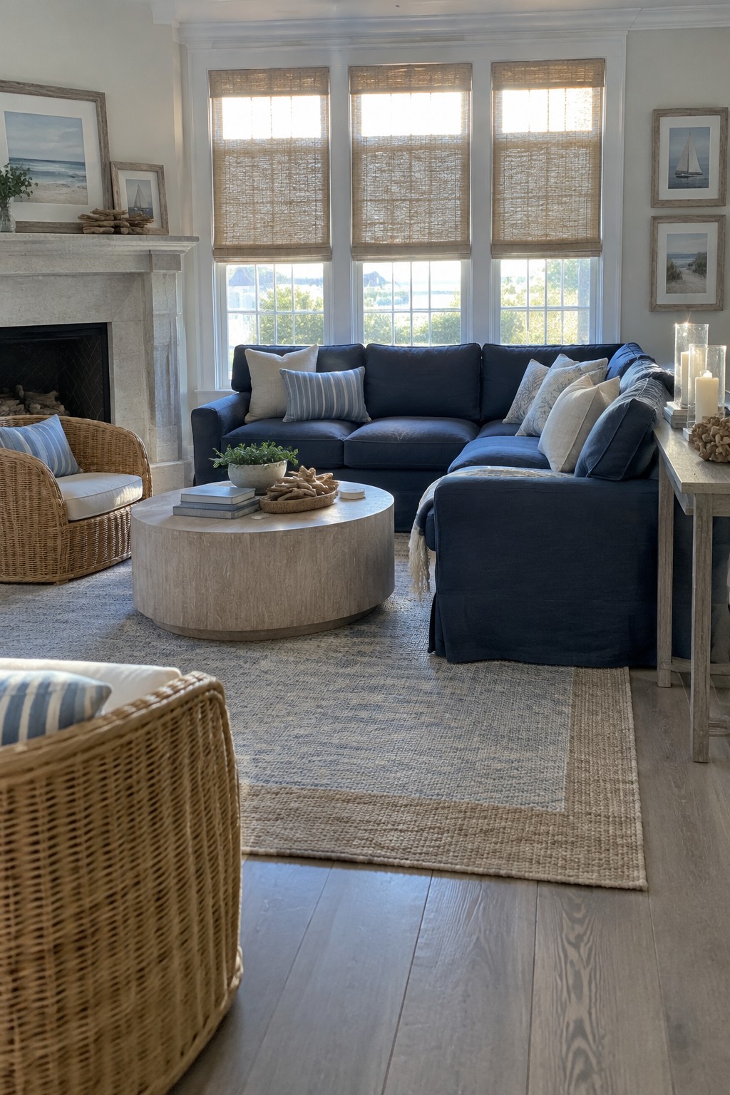 A navy blue sectional sofa sits in a coastal living room with a round pale coffee table and woven chairs.