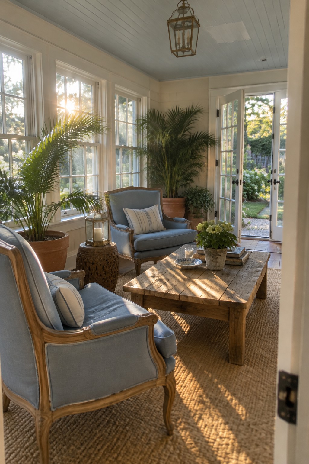 Two blue upholstered armchairs face a rustic wood coffee table in a sunroom with windows and open French doors.