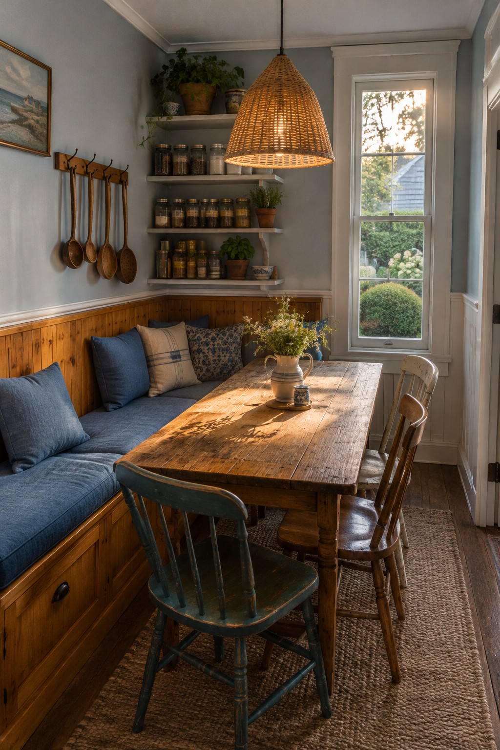 A built-in bench with blue cushions sits beside a rustic wood dining table and chairs in a cottage kitchen nook.