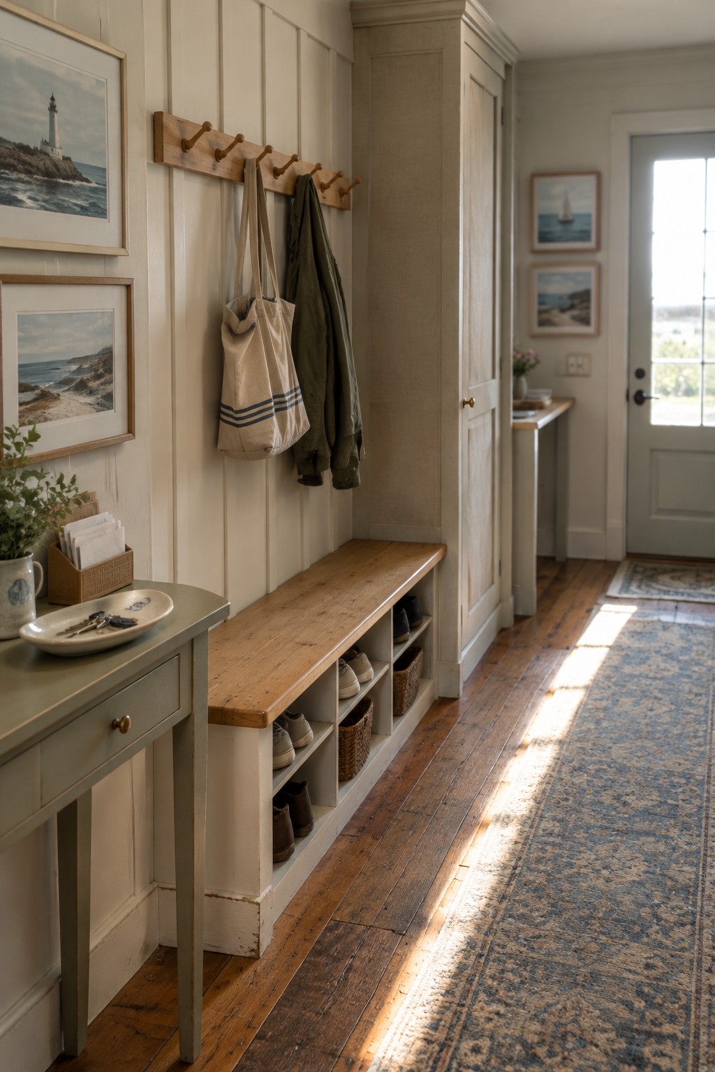 A wooden bench with open shoe cubbies sits beneath a wall-mounted coat rack holding a canvas tote and jacket.