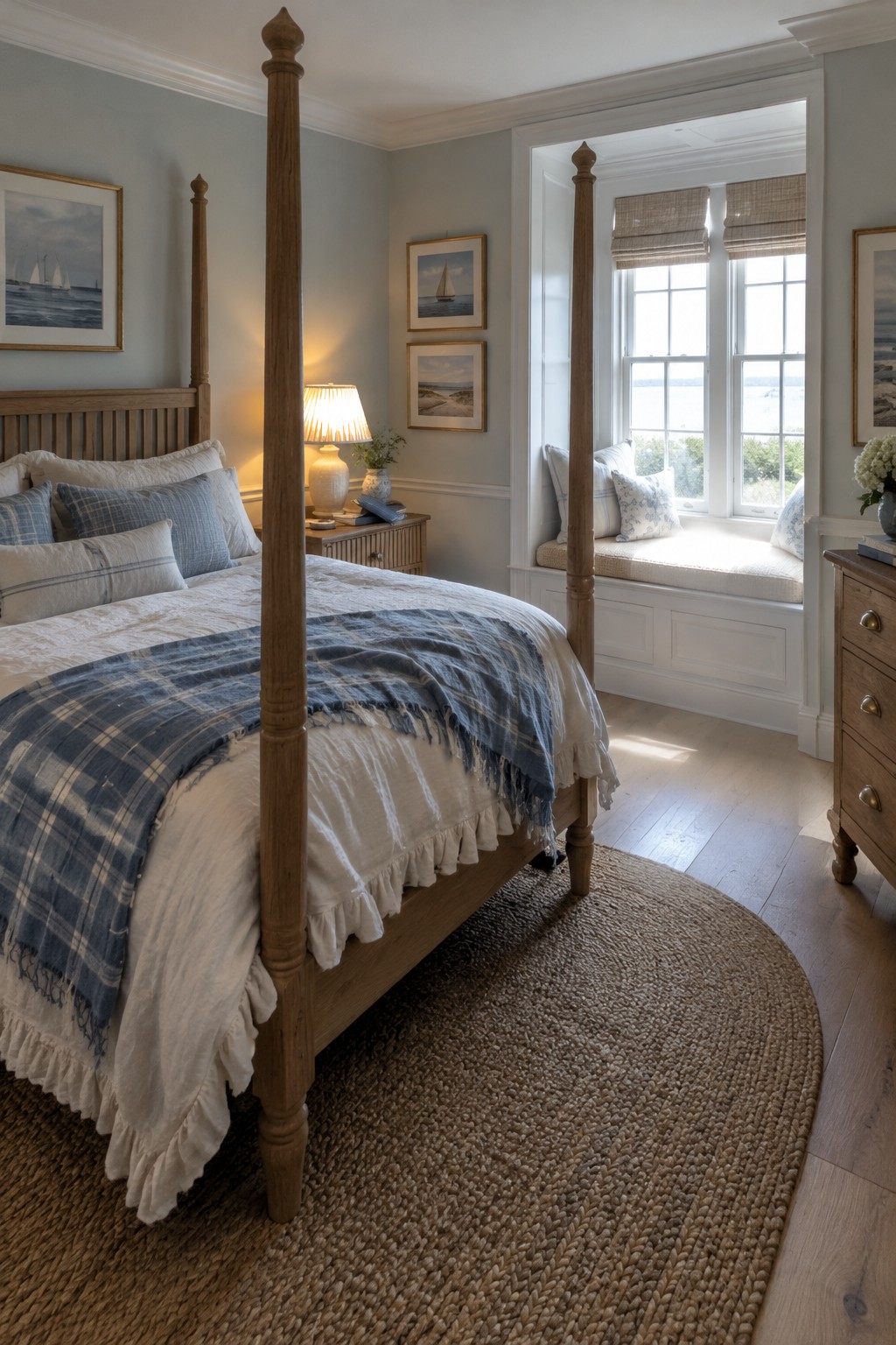 A wooden four-poster bed with white and blue bedding sits beside a built-in window seat in a coastal-style bedroom.