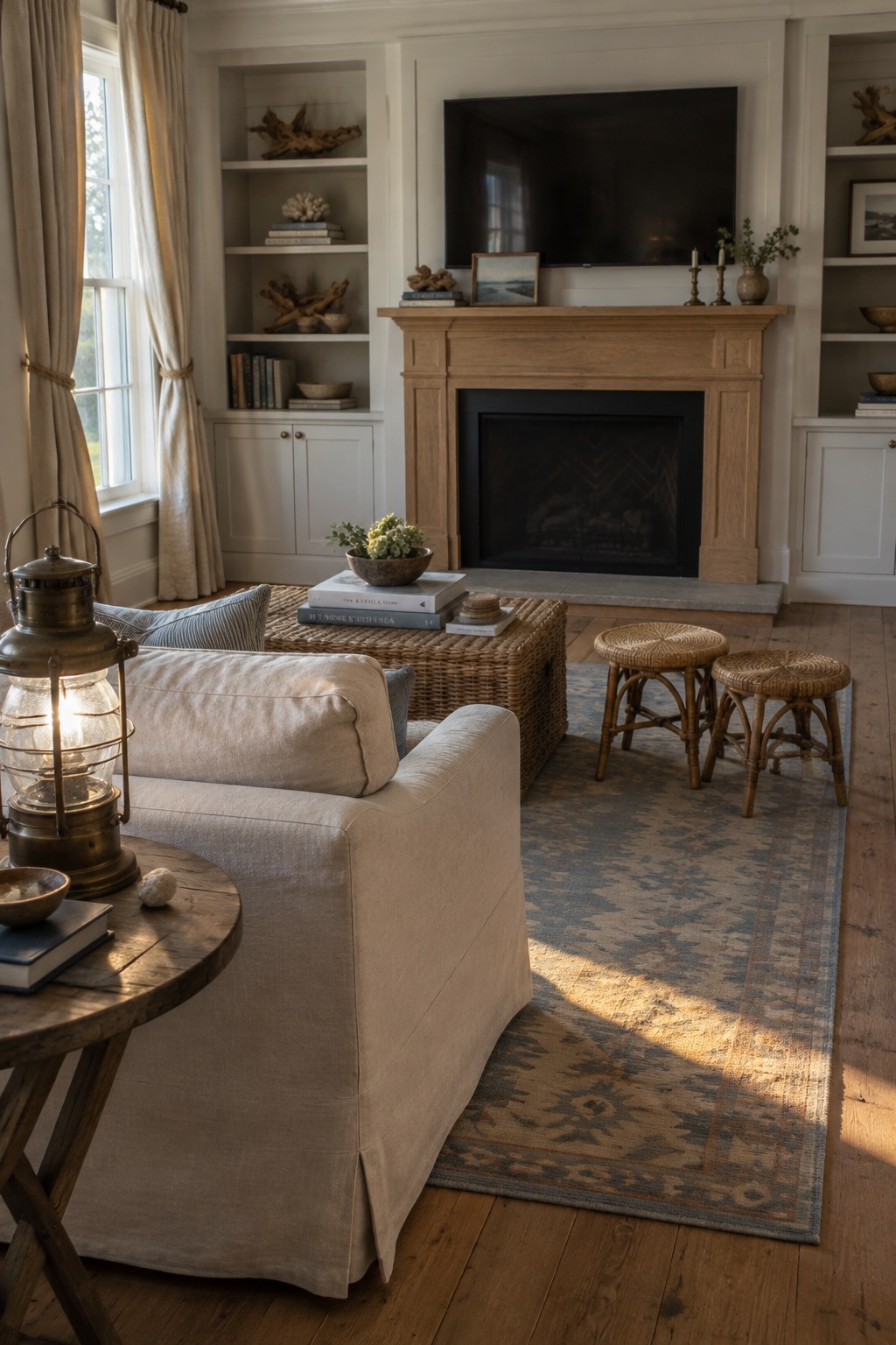A living room with a wood mantel above a fireplace, built-in shelves, a large television, and a neutral sofa.
