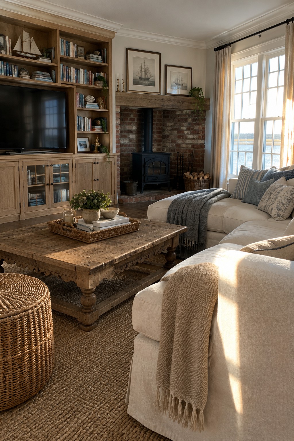 A black wood stove sits in a brick fireplace surround beside built-in wooden shelves and a cream sectional sofa.
