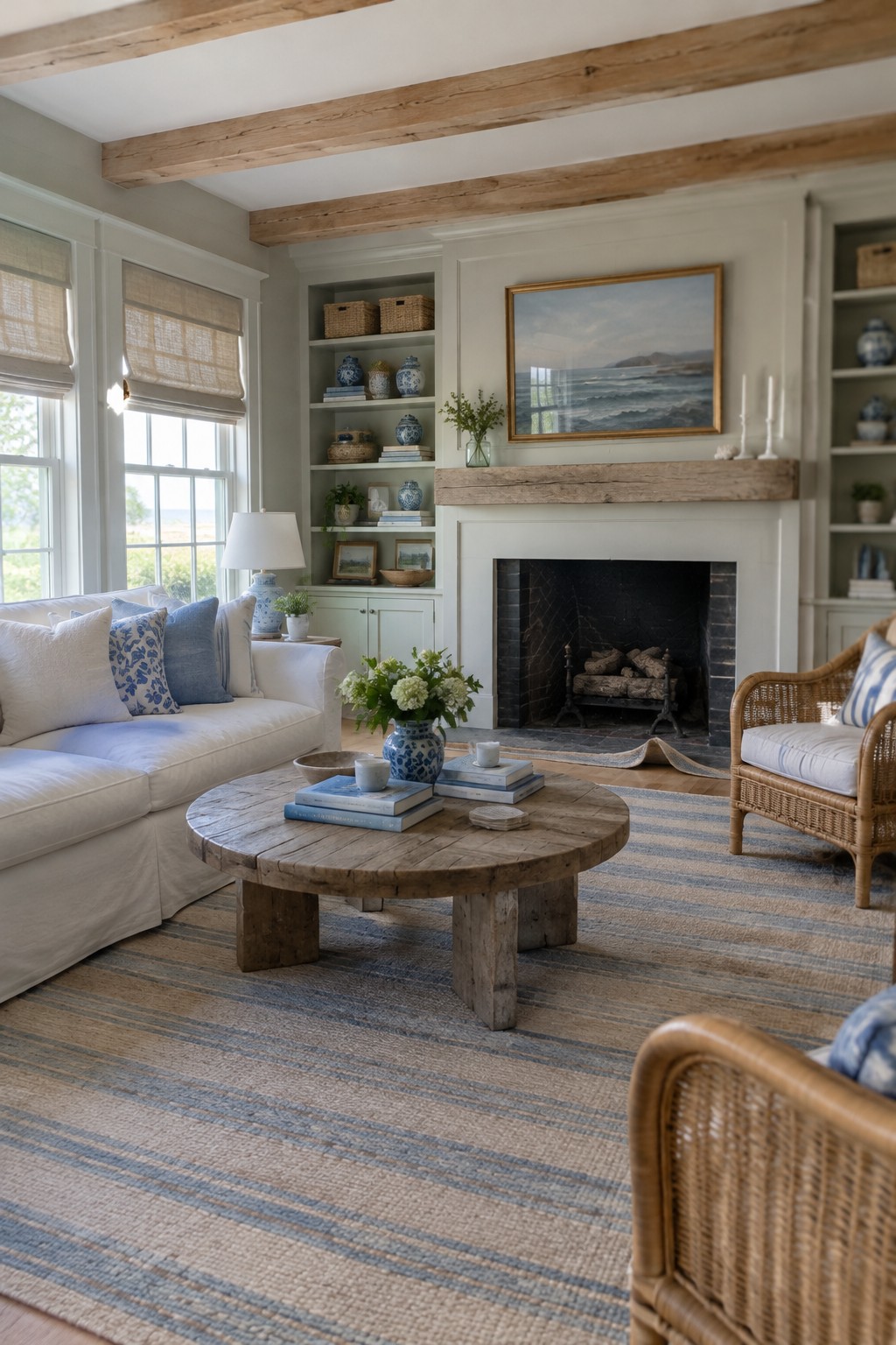 A coastal-style living room with built-in shelves beside a fireplace, a reclaimed wood mantel, and a round wood coffee table.