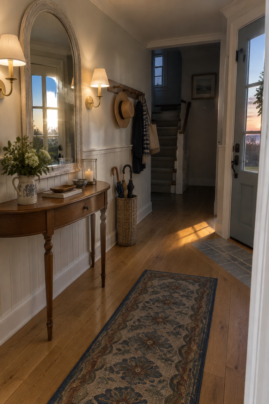 A wood console table sits beneath an arched mirror in a cottage entry hall with white paneled walls and a patterned runner.