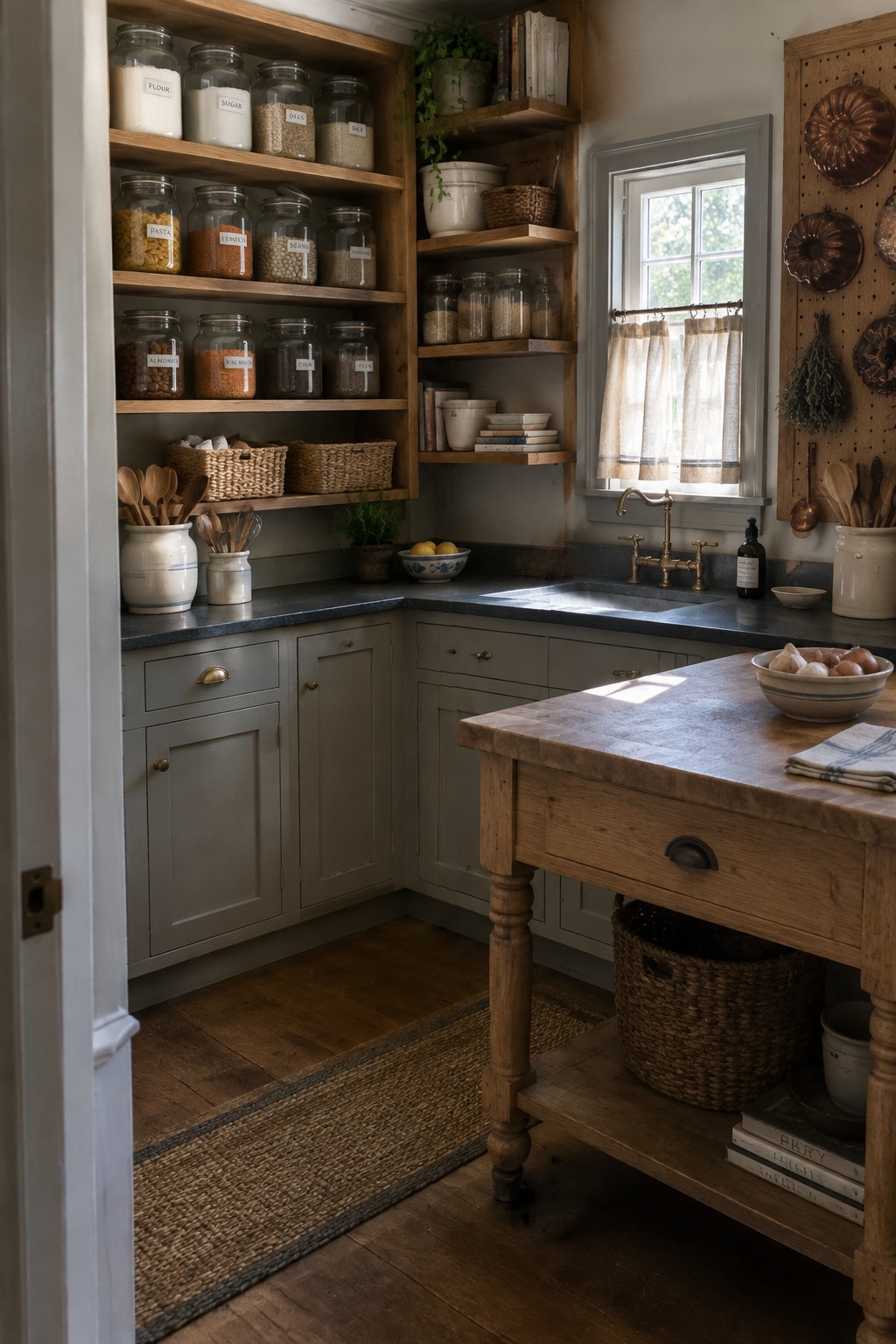 Open wooden shelves hold labeled glass jars of pantry goods above pale kitchen cabinets and a dark countertop.