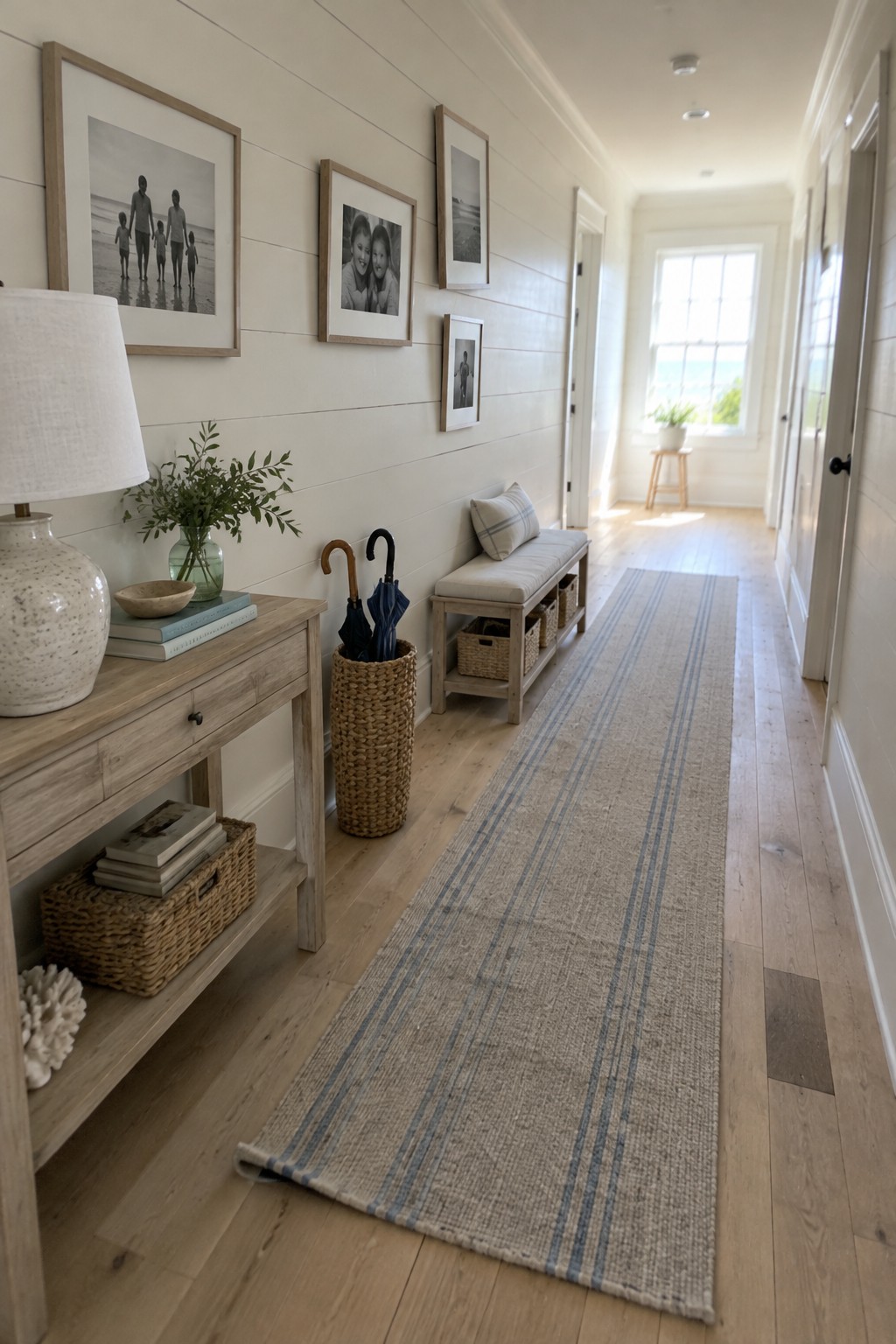 A blue-striped woven runner lies on a pale wood hallway floor beside a bench and framed photographs.