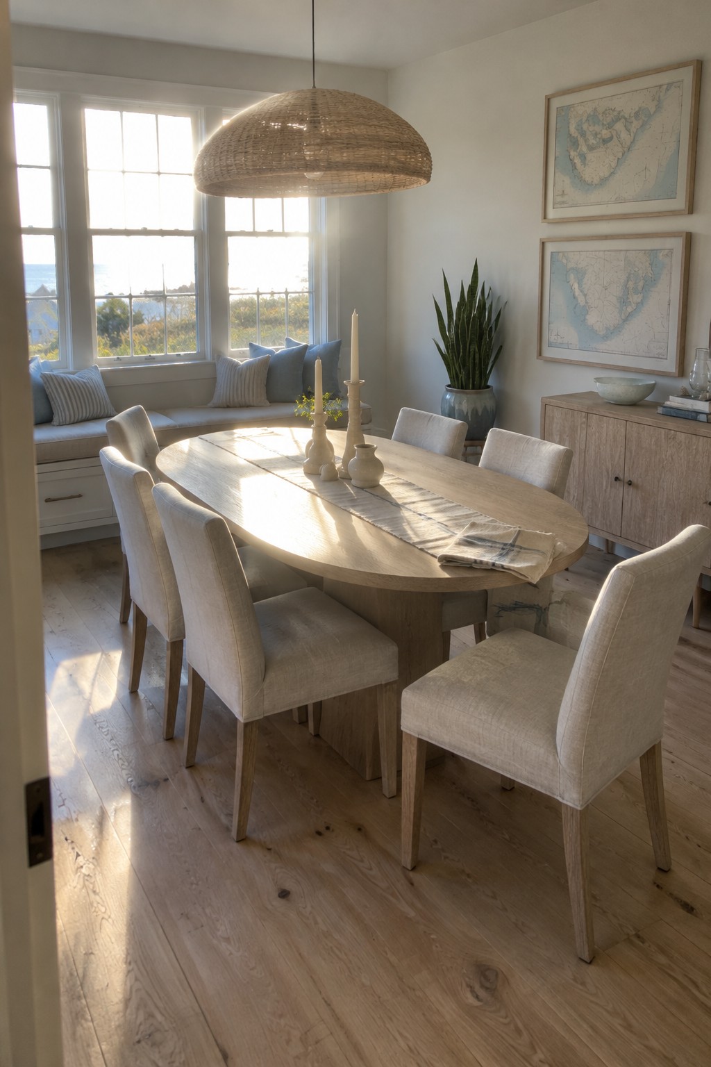 A coastal dining room with pale wood flooring, a long dining table, upholstered chairs, and a built-in window seat.