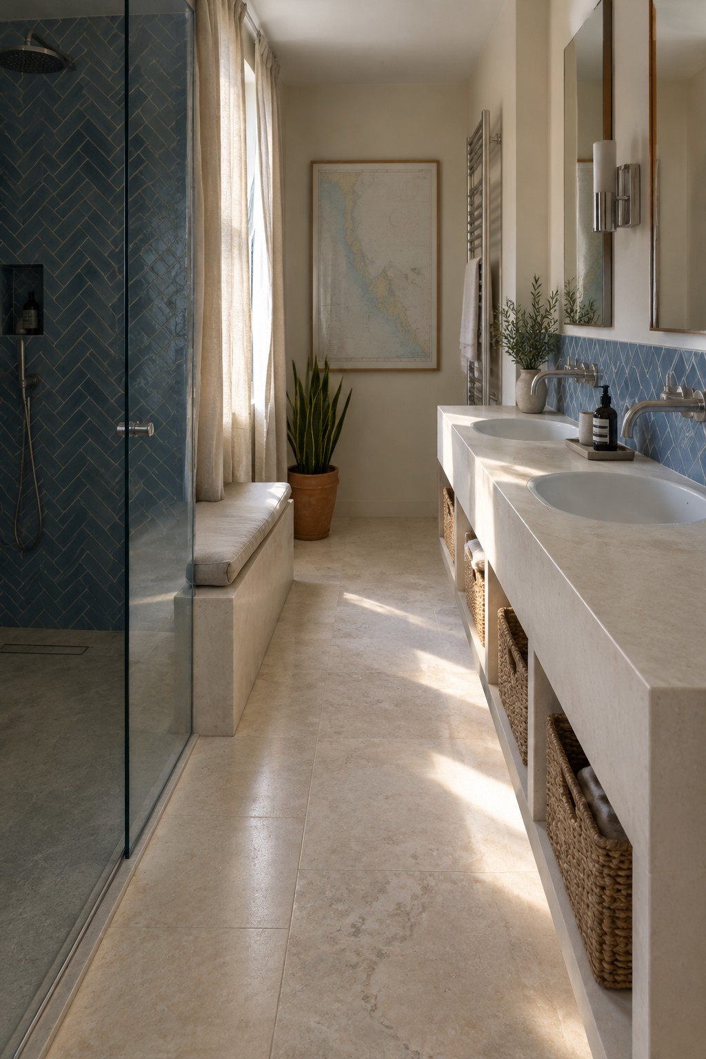 A narrow bathroom with blue patterned tile in the shower and behind a double vanity, pale stone surfaces, and a framed map on the far wall.