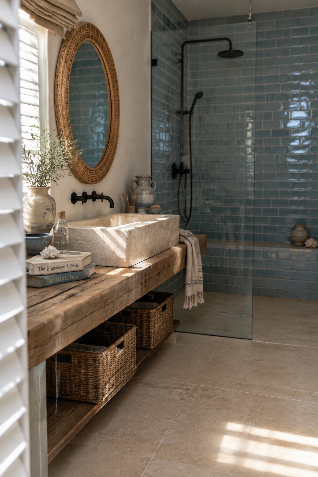 A bathroom with glossy blue shower tiles, a pale stone sink, and a rustic wood vanity.