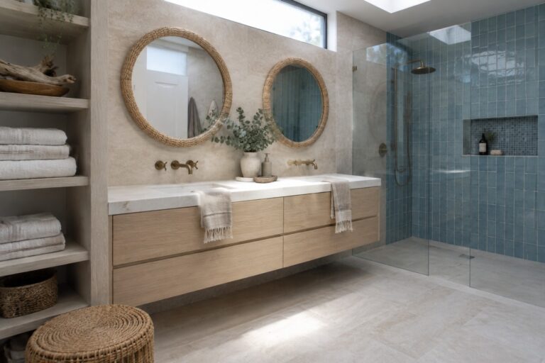 A bathroom with a pale stone vanity, light wood cabinets, round woven mirrors, and a glass shower lined with blue tile.