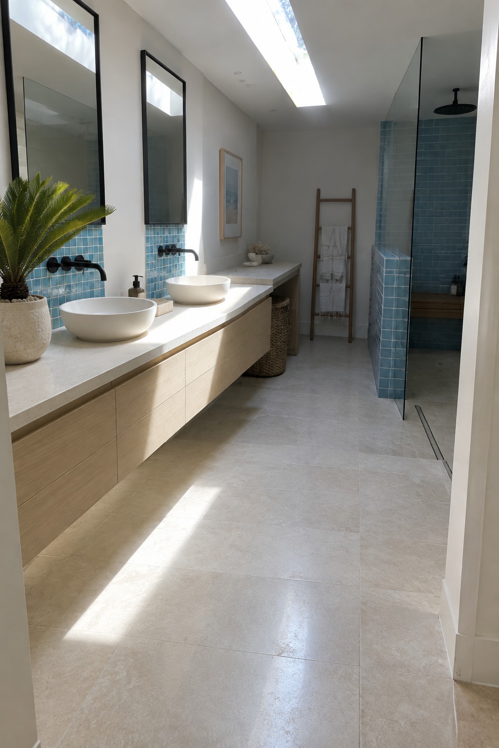 A bathroom with pale stone flooring and vanity, two white vessel sinks, and blue tile in the shower.
