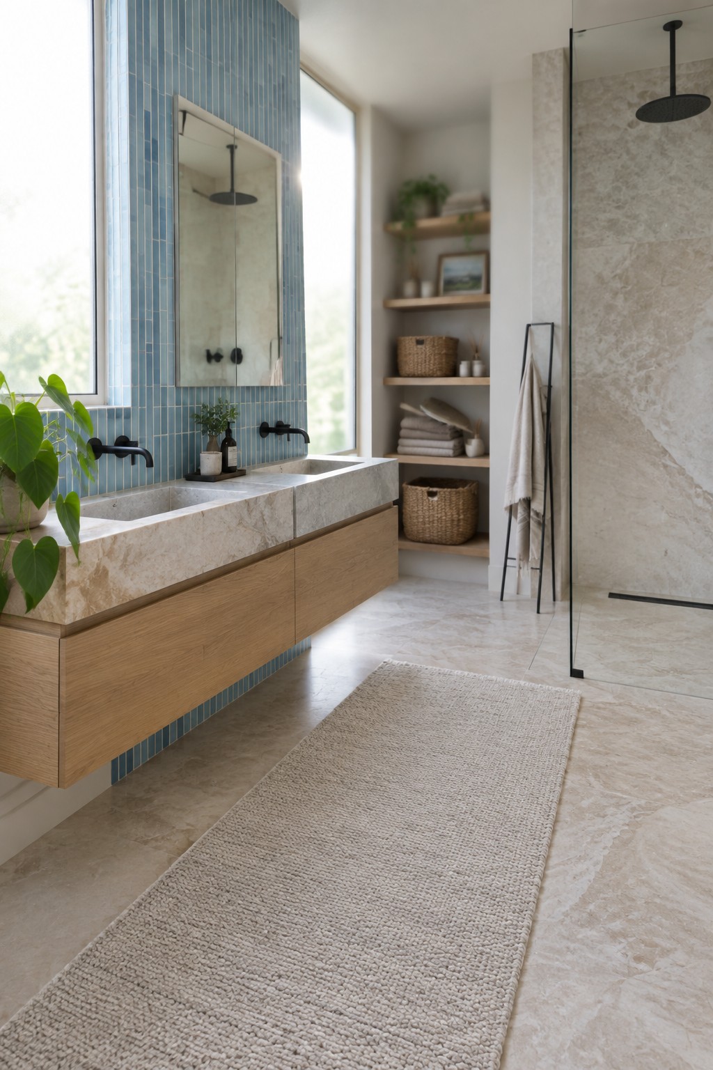 A floating wood vanity with a pale stone countertop sits against a wall of vertical blue tile in a bathroom.