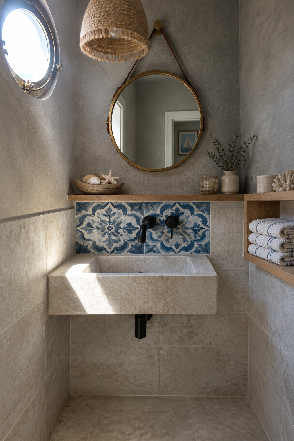 A wall-mounted stone sink sits below blue patterned tiles and a round brass-framed mirror.
