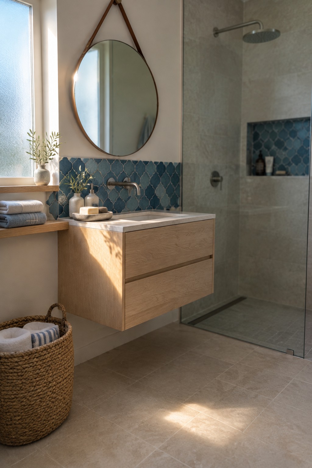 A bathroom vanity with blue patterned tile behind the sink, pale stone surfaces, a round mirror, and a glass shower.