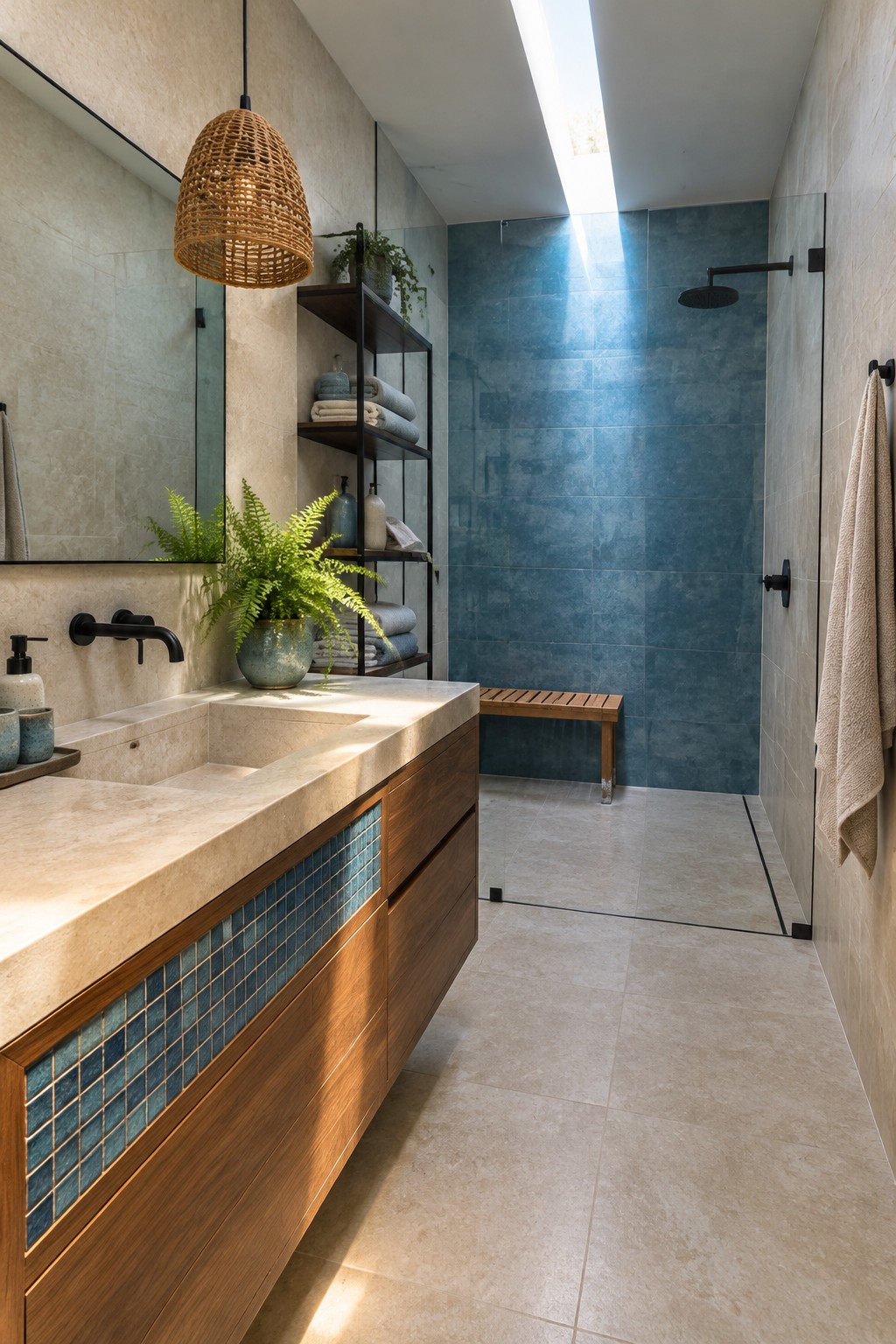 A wood bathroom vanity has a front panel of small blue tiles beneath a pale stone countertop, beside a blue-tiled shower.