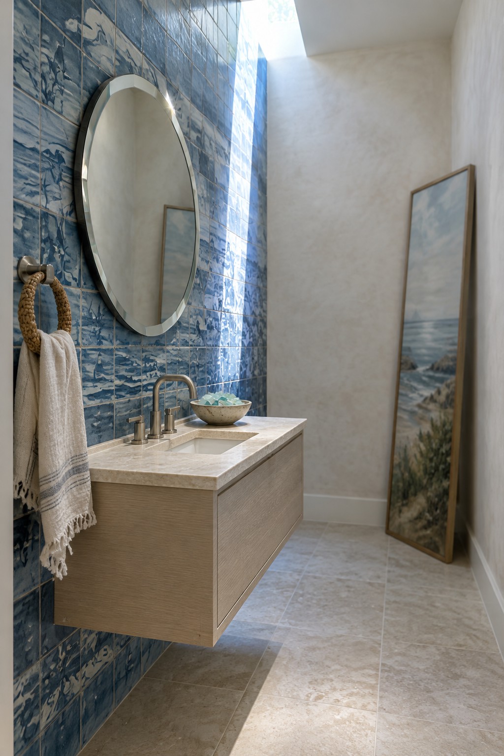 A floating wood vanity with a pale stone countertop sits against a blue patterned tile wall.