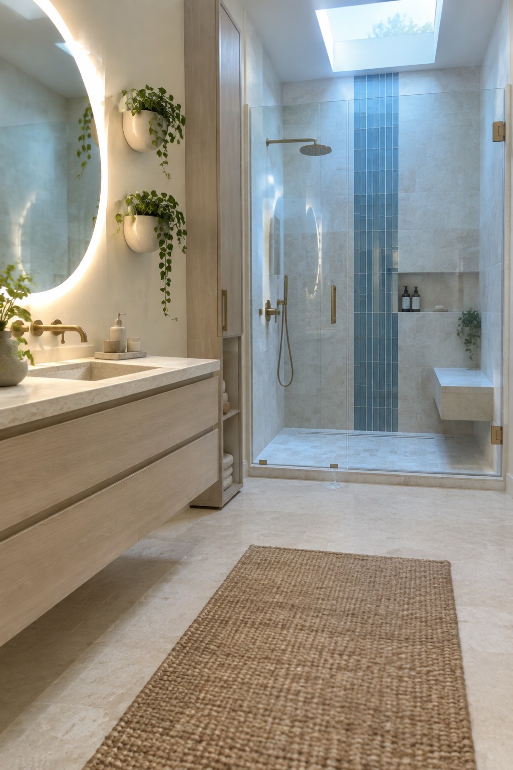 A pale stone bathroom with a glass shower, a vertical strip of blue tile, a wood vanity, and a woven floor mat.