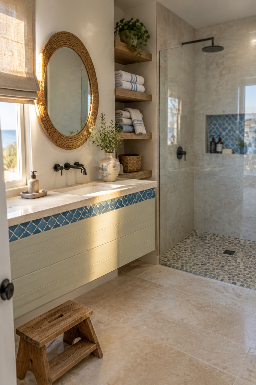 A pale stone bathroom with a blue patterned tile strip on the vanity and a matching shower niche.