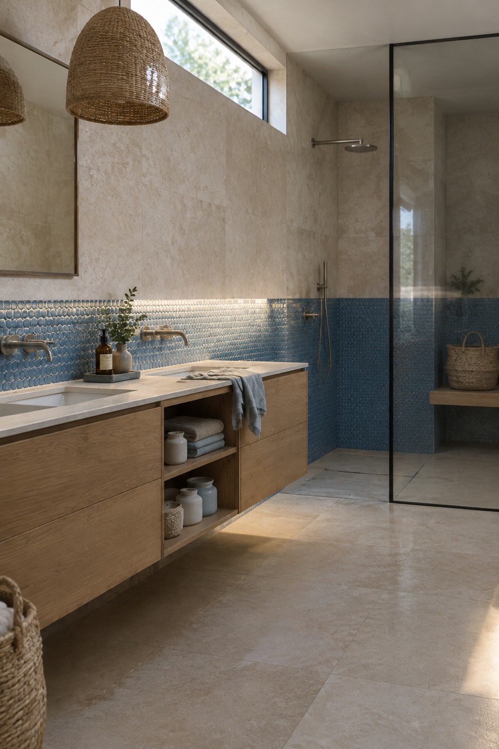 A bathroom with a wood vanity, pale stone surfaces, a blue tile band, and a glass shower enclosure.