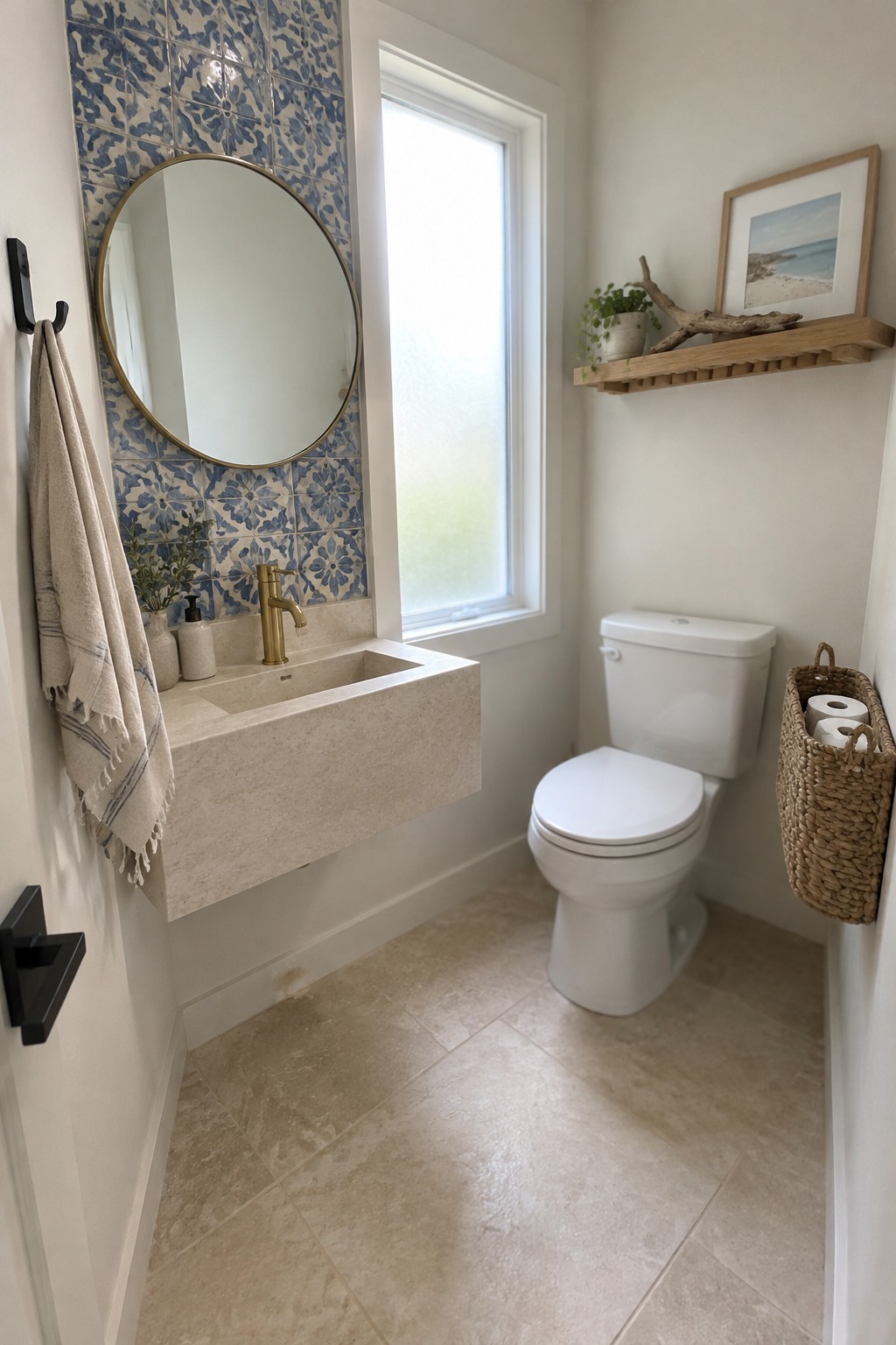 A small bathroom with a pale stone vanity and floor, blue patterned tile behind a round mirror, and a white toilet.