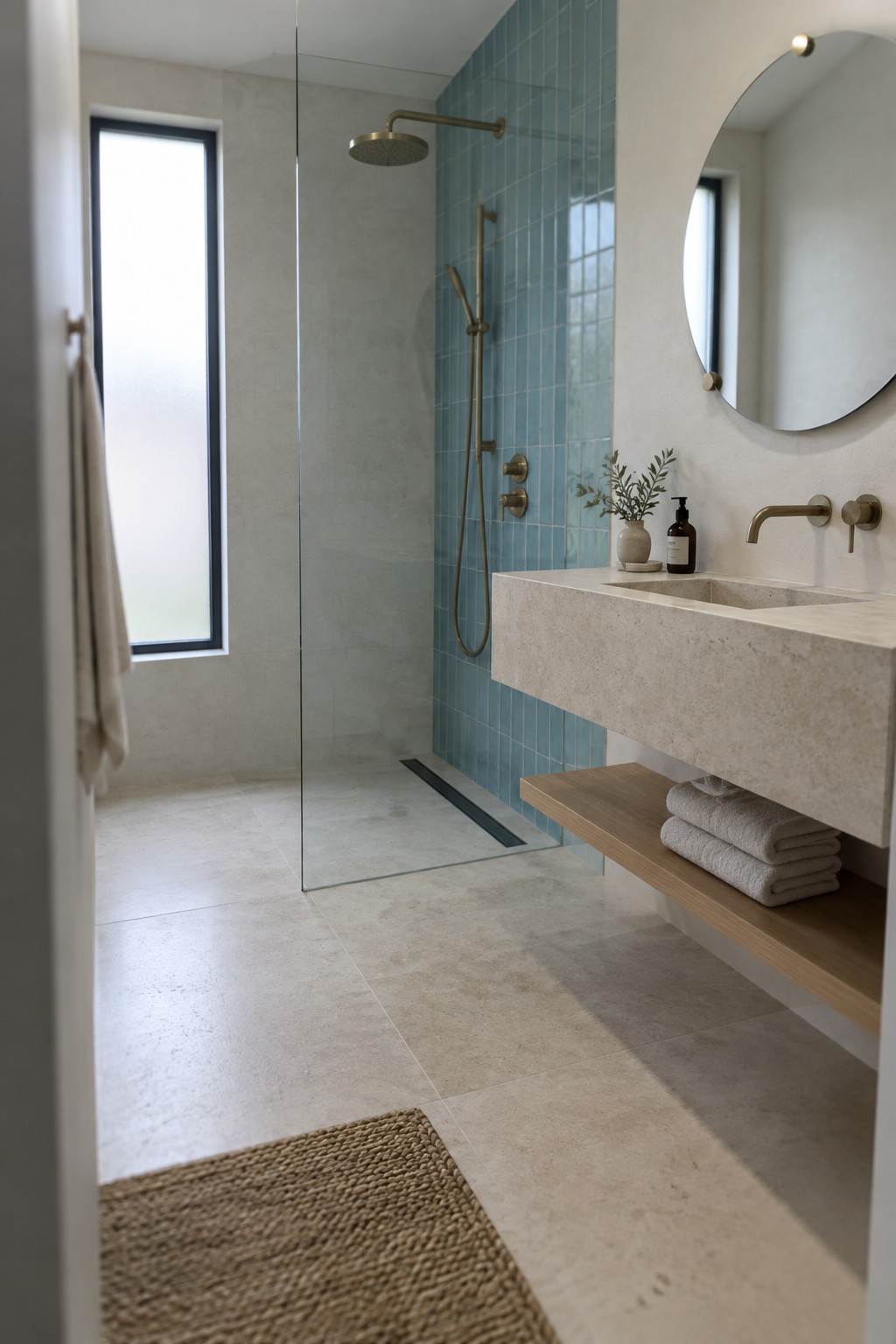 A bathroom with a walk-in shower, blue vertical wall tiles, pale stone surfaces, a glass partition, and brass fixtures.