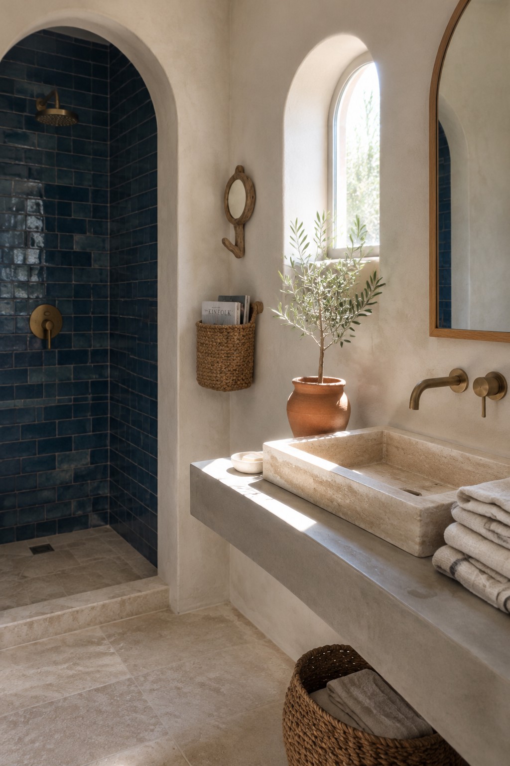 A bathroom with a dark blue tiled shower behind an arched opening and a pale stone vanity.