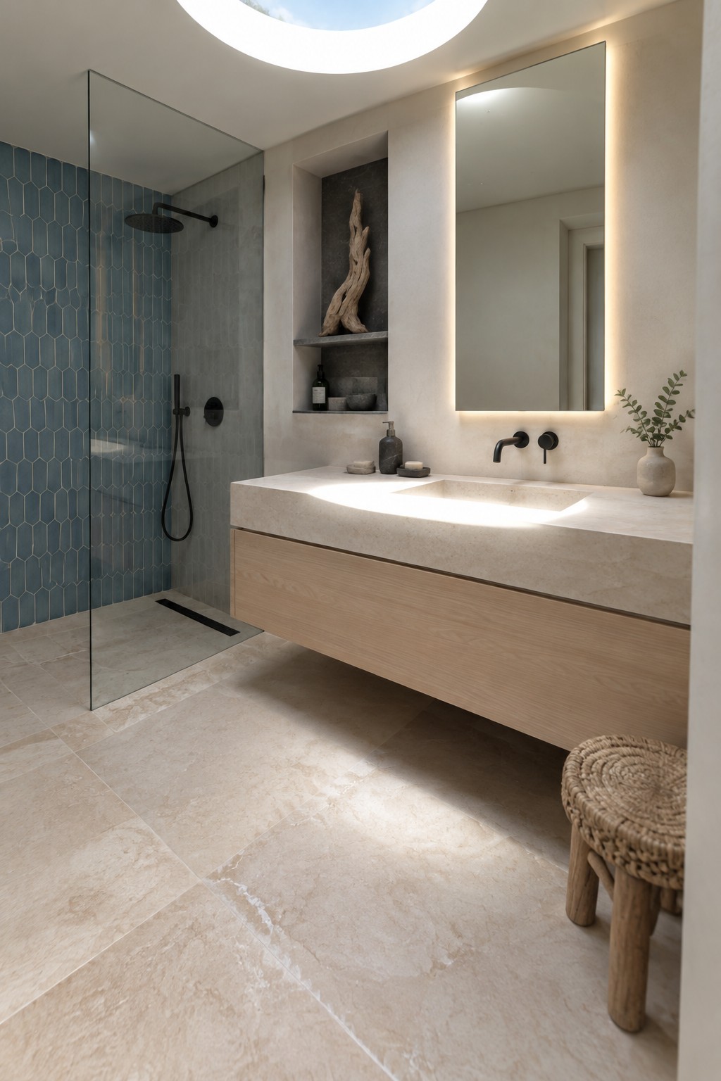 A bathroom with blue patterned shower tile, pale stone flooring and vanity, a glass shower screen, and a backlit mirror.