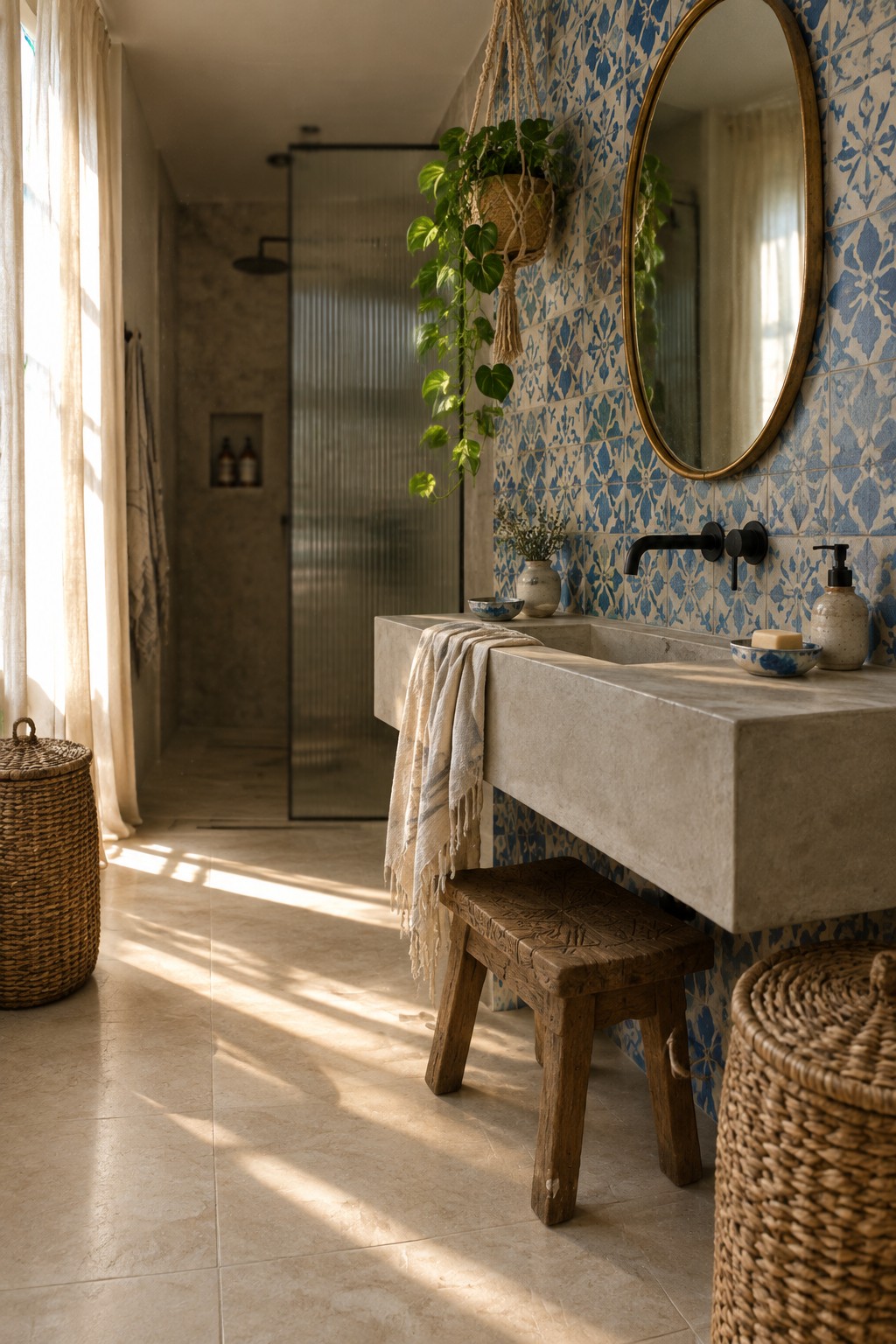 A bathroom vanity with a pale stone sink against a blue patterned tile wall, with an oval mirror above.