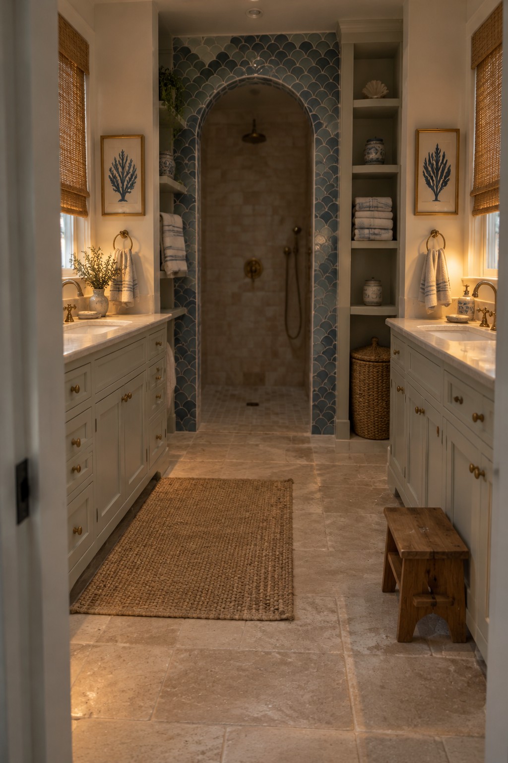 A bathroom with an arched shower lined in blue scallop tile, pale stone inside, and white double vanities.