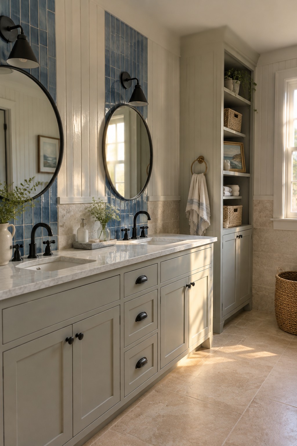 A bathroom vanity with pale stone counters, gray cabinets, vertical blue tile, and round black-framed mirrors.